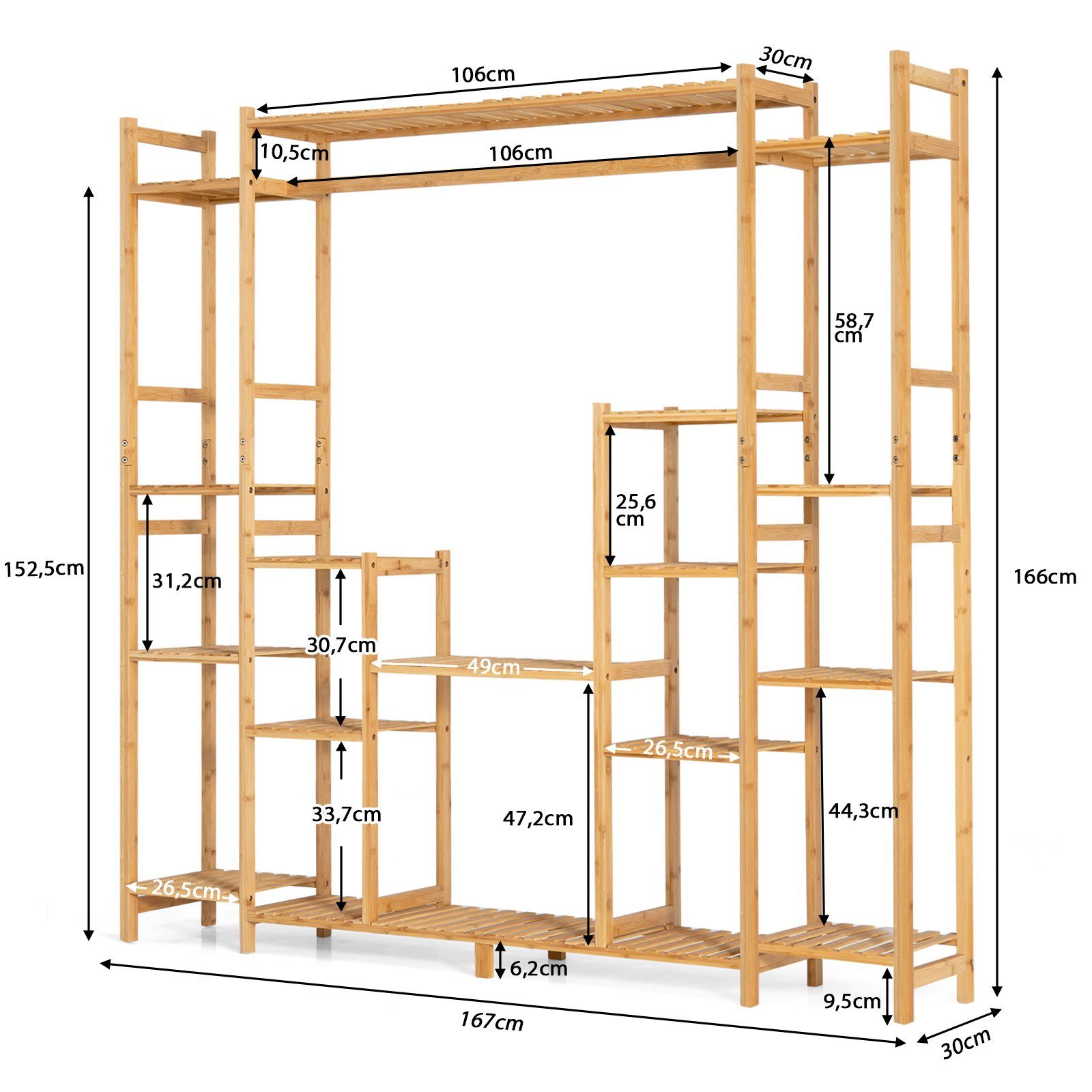 Bambus 9 mit Hängegestell, & 167x30x166cm Ebenen COSTWAY Pflanzentreppe, aus