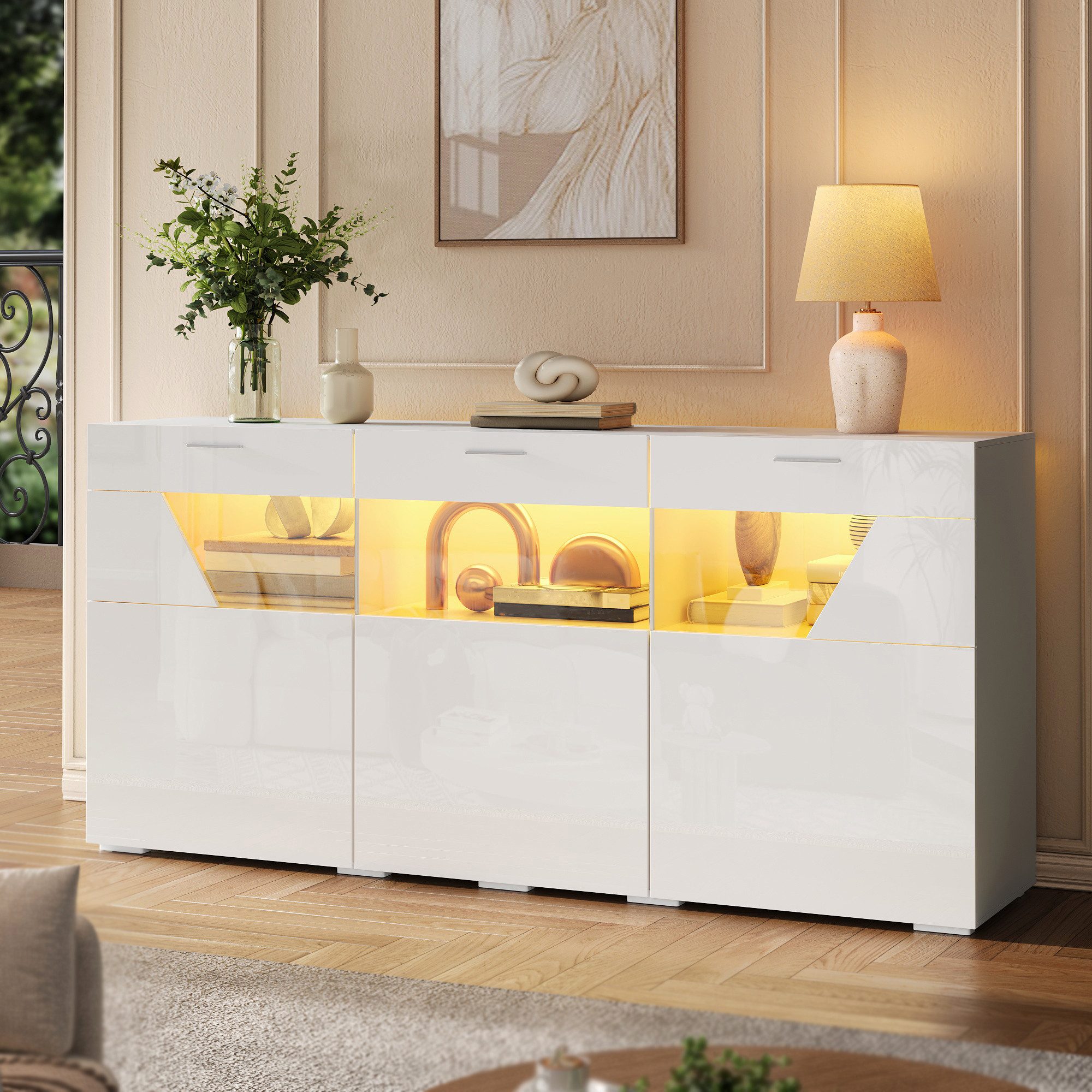 Merax Sideboard mit 3 Türen und Glasfront, Wohnzimmerschrank mit LED-Beleuchtung (160x38x78 cm, 1 St), Kommode mit trapezförmigem Sichtfenster & Hochglanz-Oberfläche