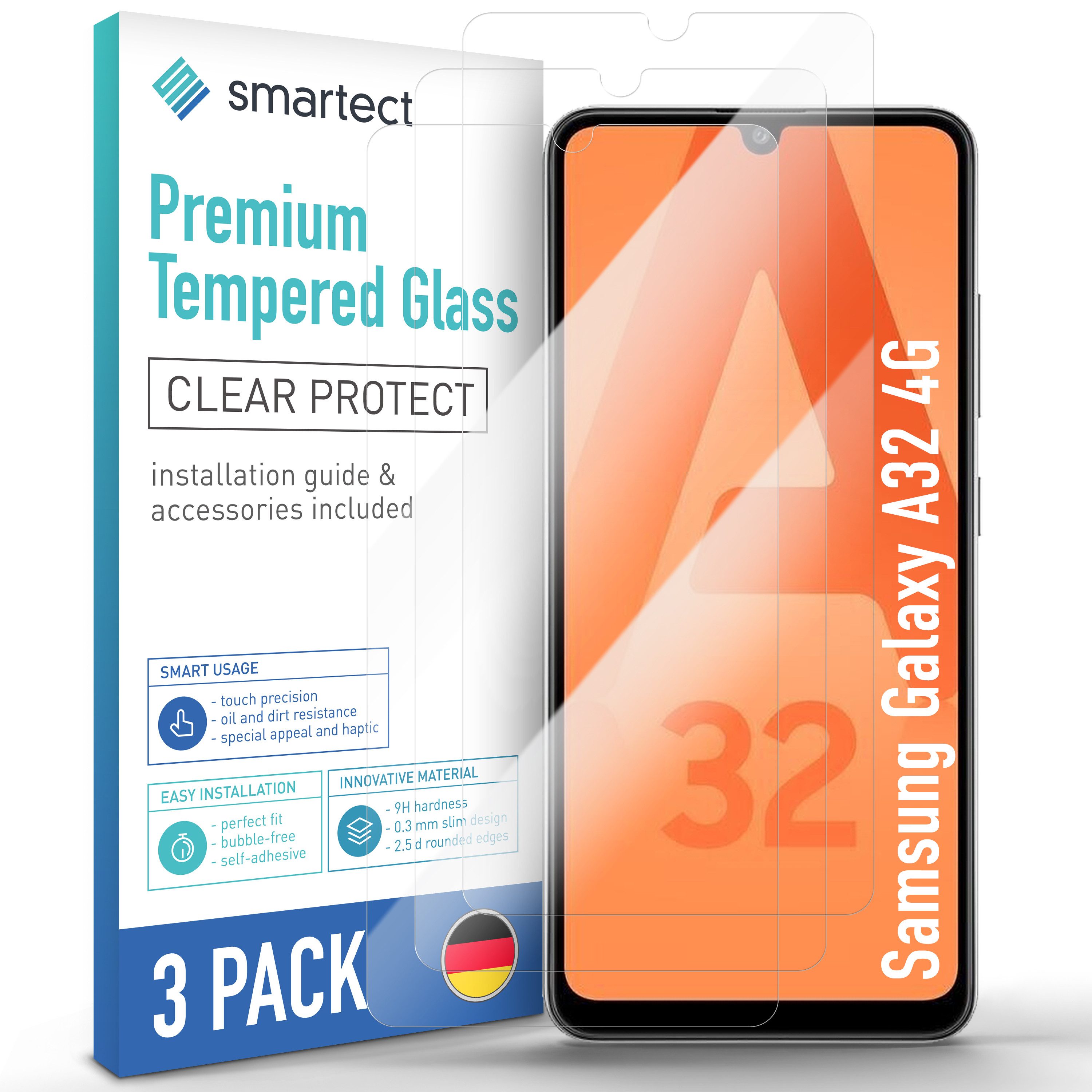 smartect Displayschutzglas 3X Schutzglas Panzerfolie Klar für Galaxy A32 4G/A22 4G/M22/M32 4G/A31 für Samsung Galaxy A32 4G/A22 4G/M22/M32 4G/A31, Set, 3 Stück, 0.3 mm Ultra-klar, 9H Härte, Kratzfest, Stoßfest, Blasenfrei, Oleophob