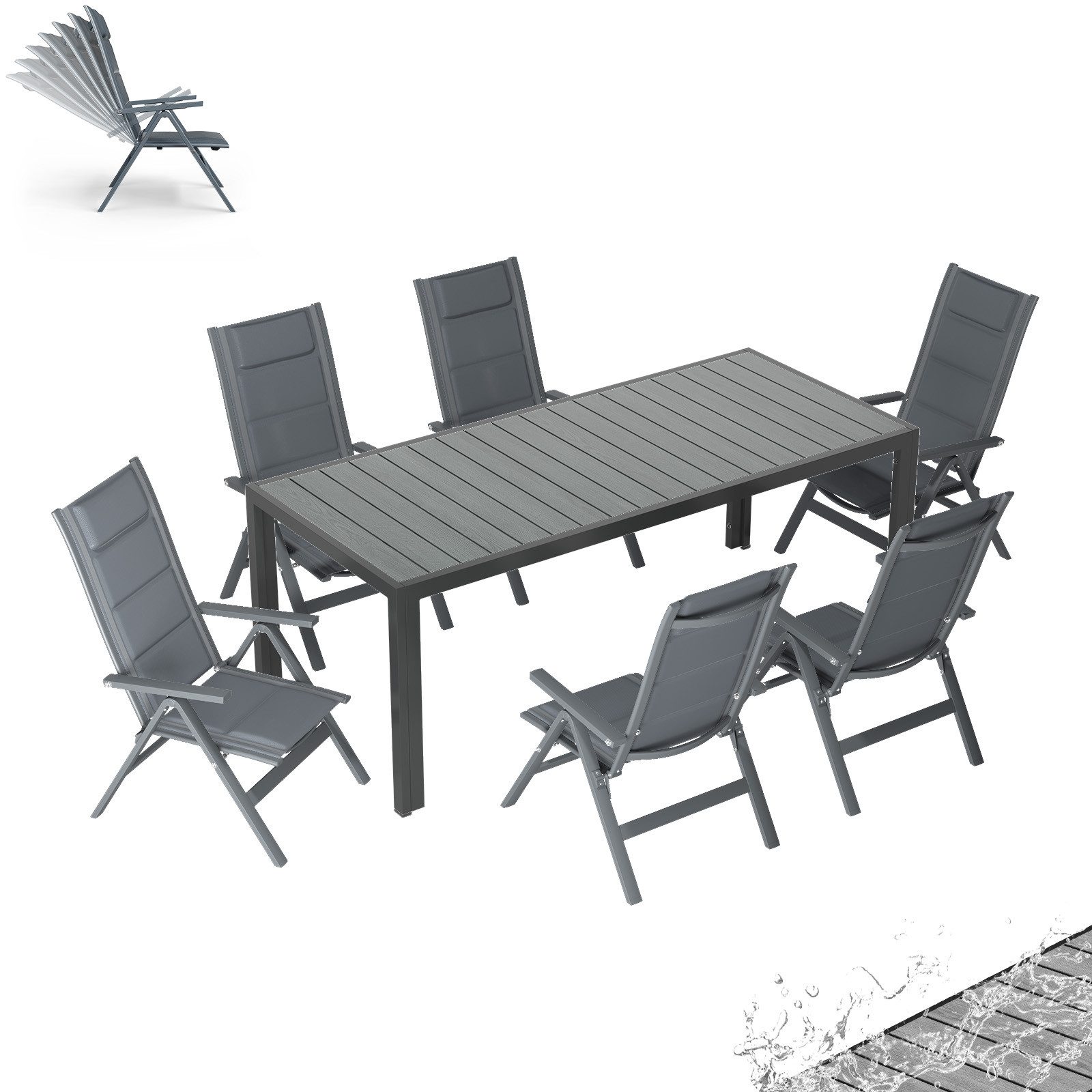 HOMALL Garten-Essgruppe Gartenmöbel Set aus klappbarer Armlehnstuhl und Aluminium Gartentisch, (7-tlg., 6 Klappstuhl (bis 160kg), 1Tisch (bis 100kg), Aluminium, Textilgewebe), Holzoptik Tisch & klappbare Stühle mit 7-fach verstellbarer Lehne