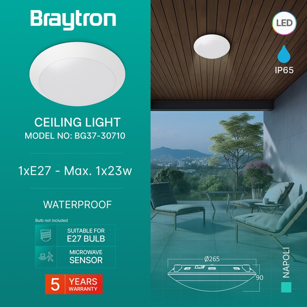 Braytron LED Deckenleuchte Außen Deckenlicht IP65 Ø265mm – E27 Fassung Bewegungsmelder, ohne Leuchtmittel, IP65 wasserdicht, Für den Außenbereich geeignet
