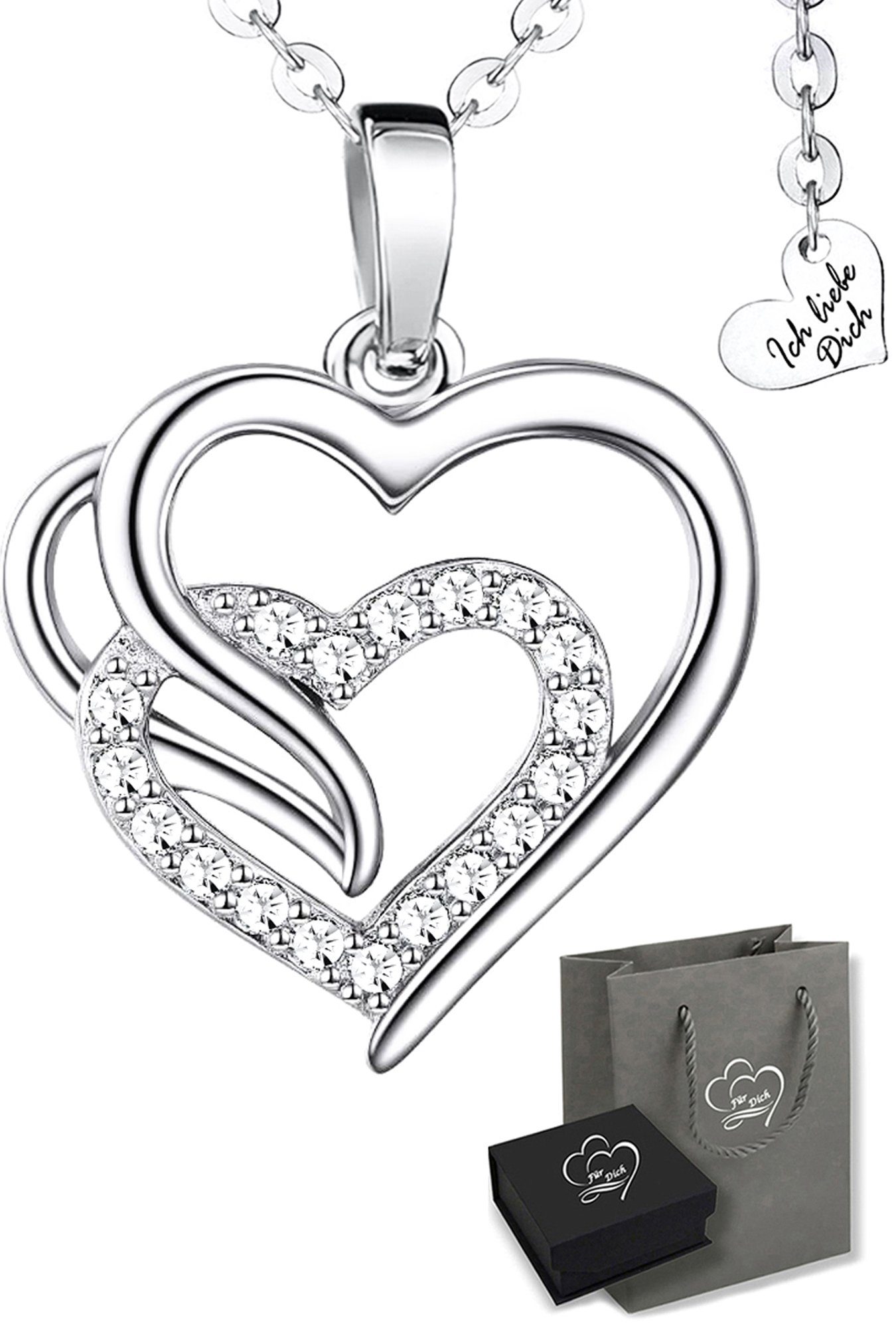 Limana Herzkette Halskette Damen Silber 925 mit Zirkonia Steine Herz-Anhänger Kette (inkl. Herz Geschenkdose und Tasche), 45-50cm Damengeschenk Frauen Liebe Geschenk Idee Liebesgeschenk