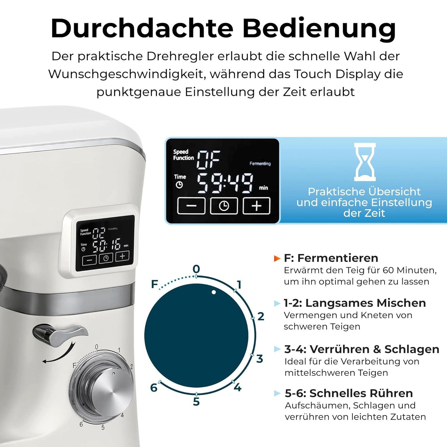 KLAMER Küchenmaschine 1400W, Knetmaschine mit 5,5 Liter Edelstahl Schüssel, 6 Geschwindigkeitsstufen mit Timer, Rührbesen, Knethaken, Schneebesen und Spritzschutz, creme, 1400 W, 5,5 l Schüssel, Spritzschutz, 3 Aufsätze, Saugfüße, digitales Display, Timer