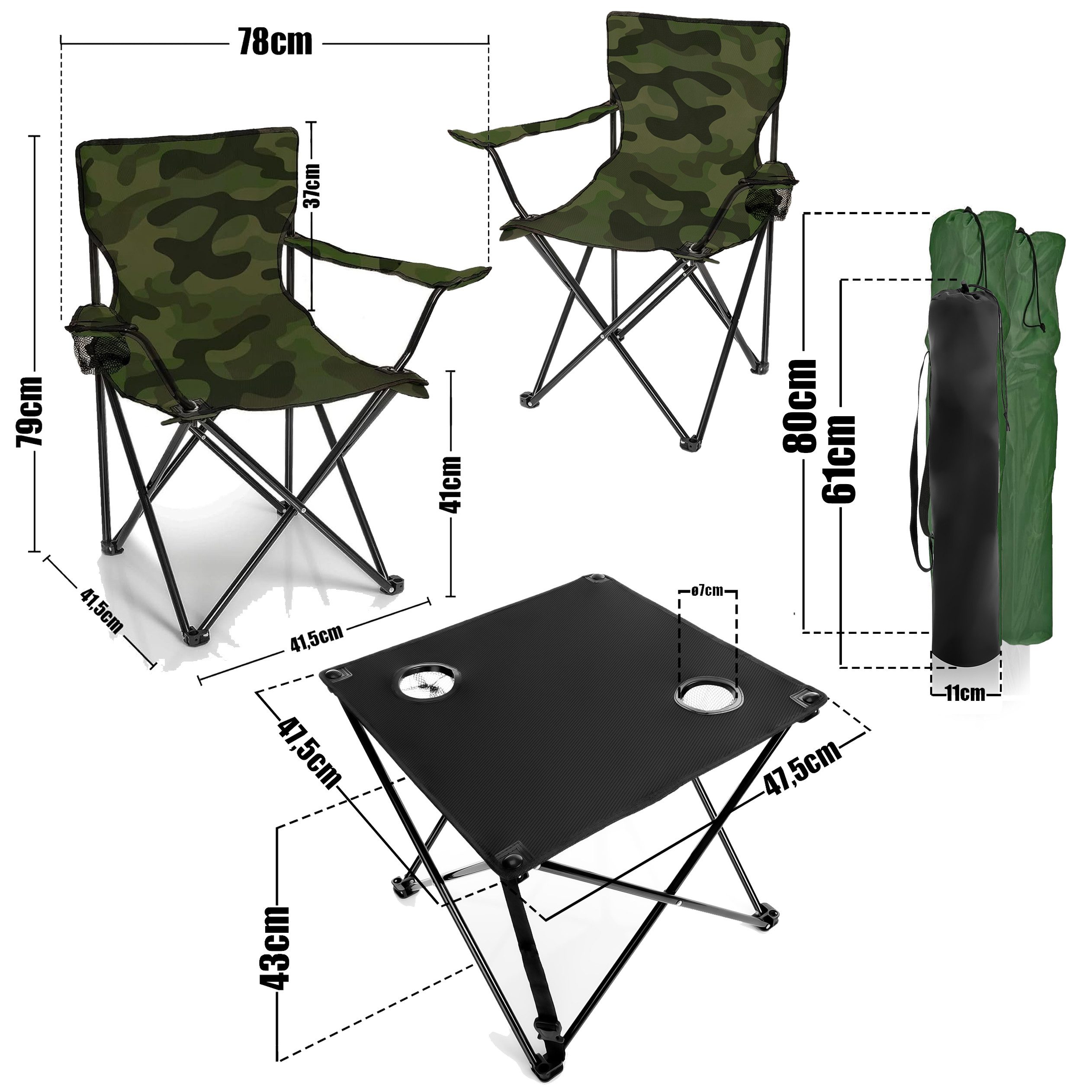 BigDean Campingtisch mit Stühlen camouflage - Camping Tisch Stuhl Set Camping Stühle (Set, 1-St., 2 Stühle mit Tisch), Angel, Festival, Outdoor, Pflegeleicht
