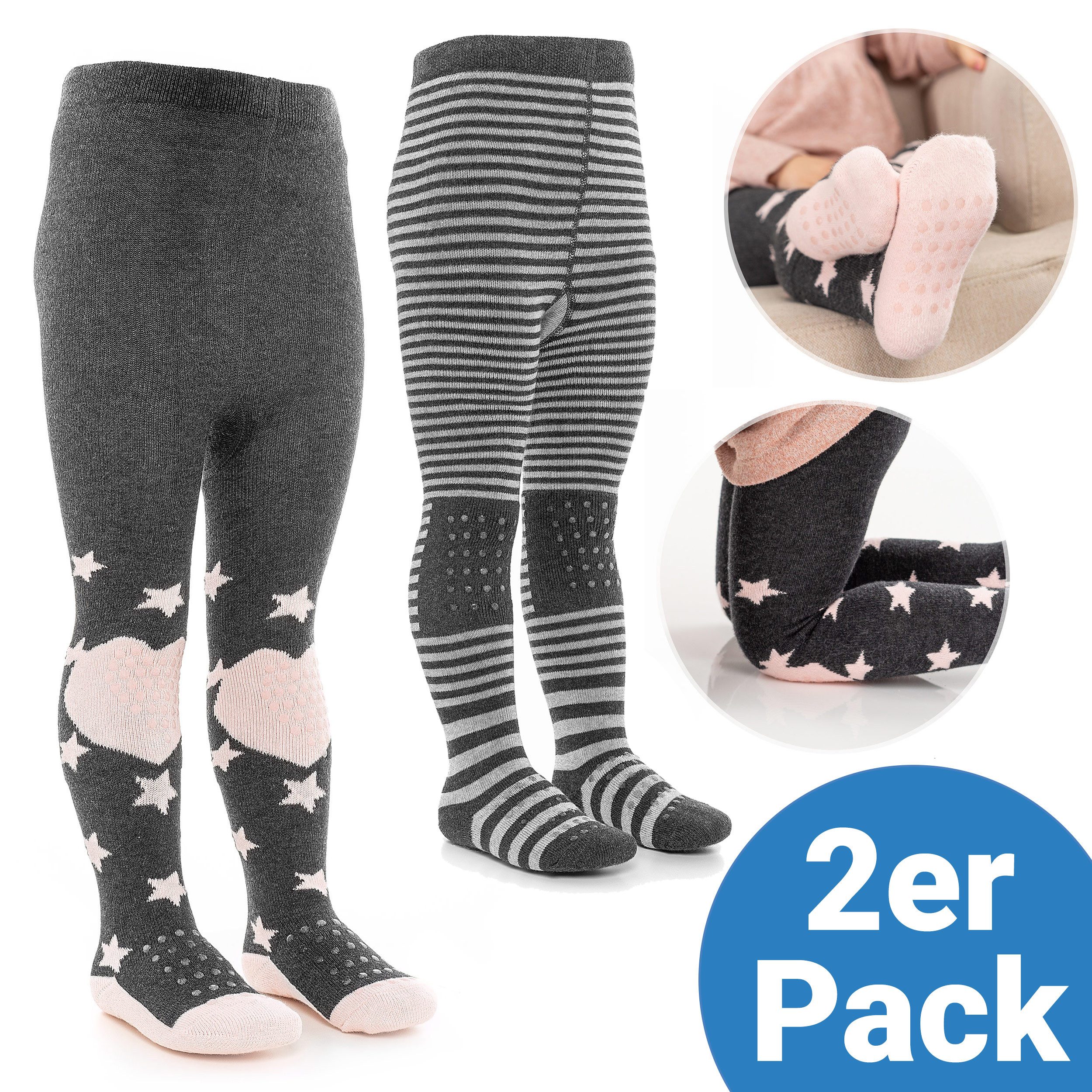 LaLoona Strumpfhose Sterne Rosa + Streifen Grau 2x Baby Krabbelstrumpfhose mit ABS Sohle elastische Kinder Strumpfhose