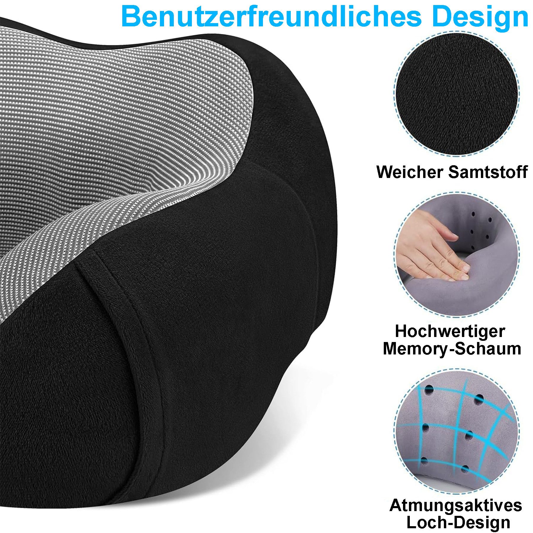 Mutig Reisekissen Nackenkissen Flugzeug, Nackenhörnchen Erwachsene, Reisekissen Memory Foam, Verstellbares Kompaktes Nackenkissen Reise, Ergonomisches Weich Atmungsaktiv, mit Ohrstöpseln, Augenmaske,Tragetasche