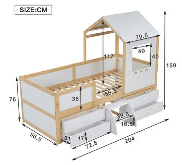Flieks Hochbett Kinderbett Hausbett 90x200cm mit 4 Schubladen und kleine Treppe