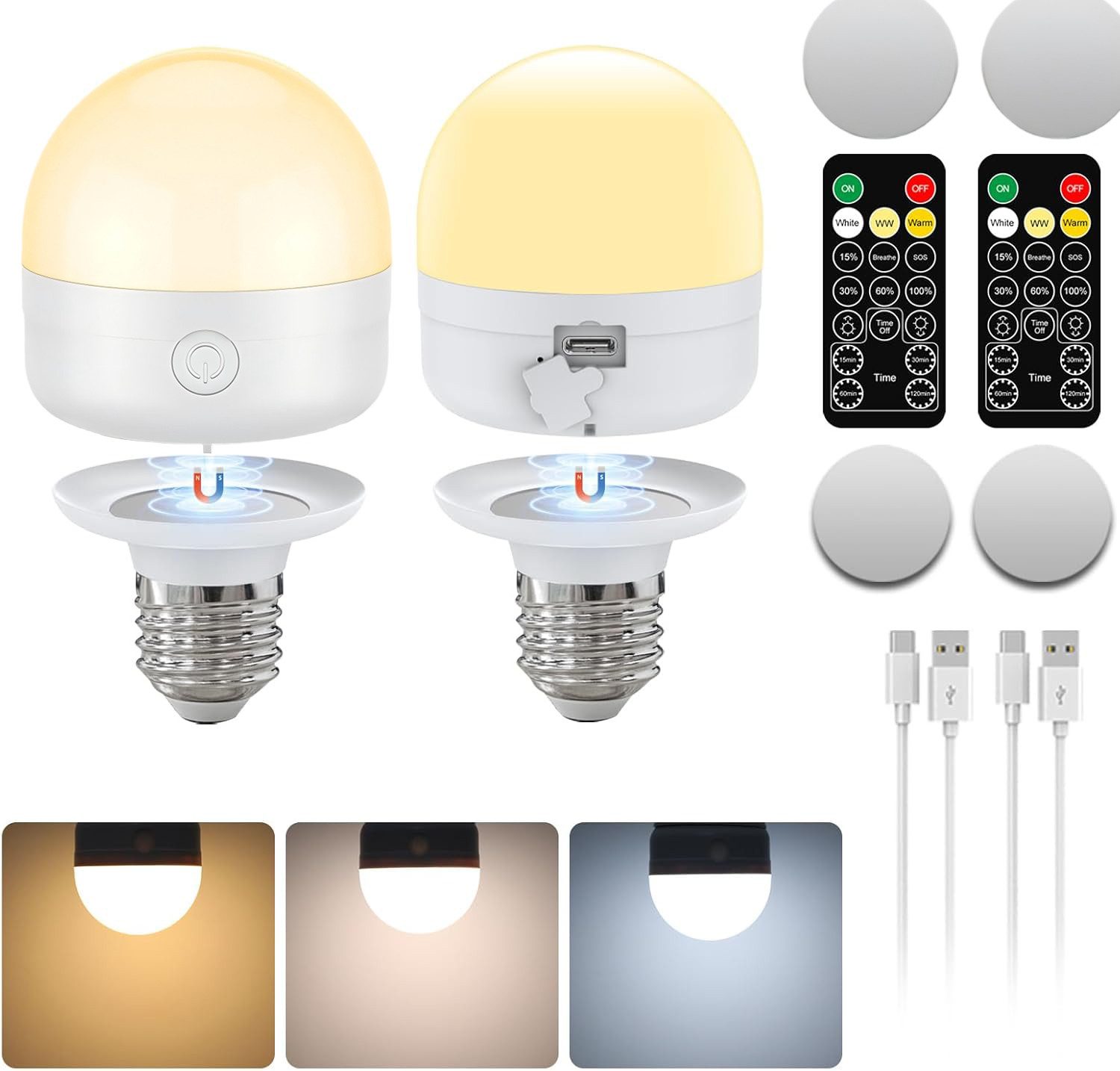 Xruiy LED Nachtlicht aufladbare E27 LED Glühbirne, kabellose Akku Lampe mit Fernbedienung, 3 Farben, Halogen, 3 Farbtemperaturen( 3000K-6500K) & Dimmfunktion(15%-100), magnetisch befestigbar, für Schlafzimmer, Kinderzimmer & Schrankbeleuchtung