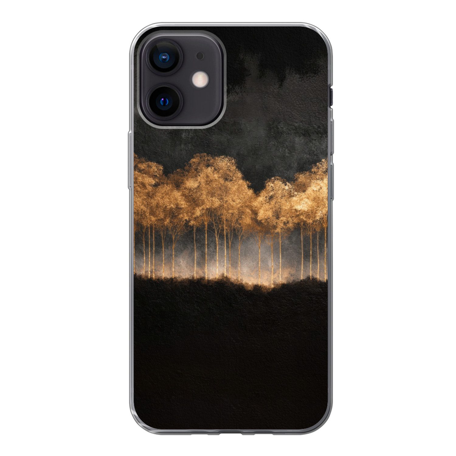 MuchoWow Handyhülle für Apple iPhone 12 Goldene Bäume in nebliger Landschaft, Smartphone-Bumper, Print, Handy Schutzhülle Dünn