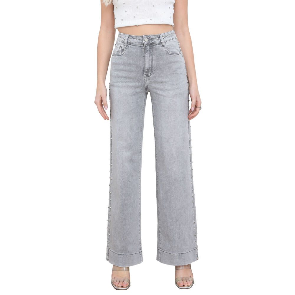 Ital-Design Weite Jeans Damen High-Waist Jeans mit Schmuckdetails Gerade Bein (92375241) Used-Look Stretch High Waist Jeans in Hellgrau