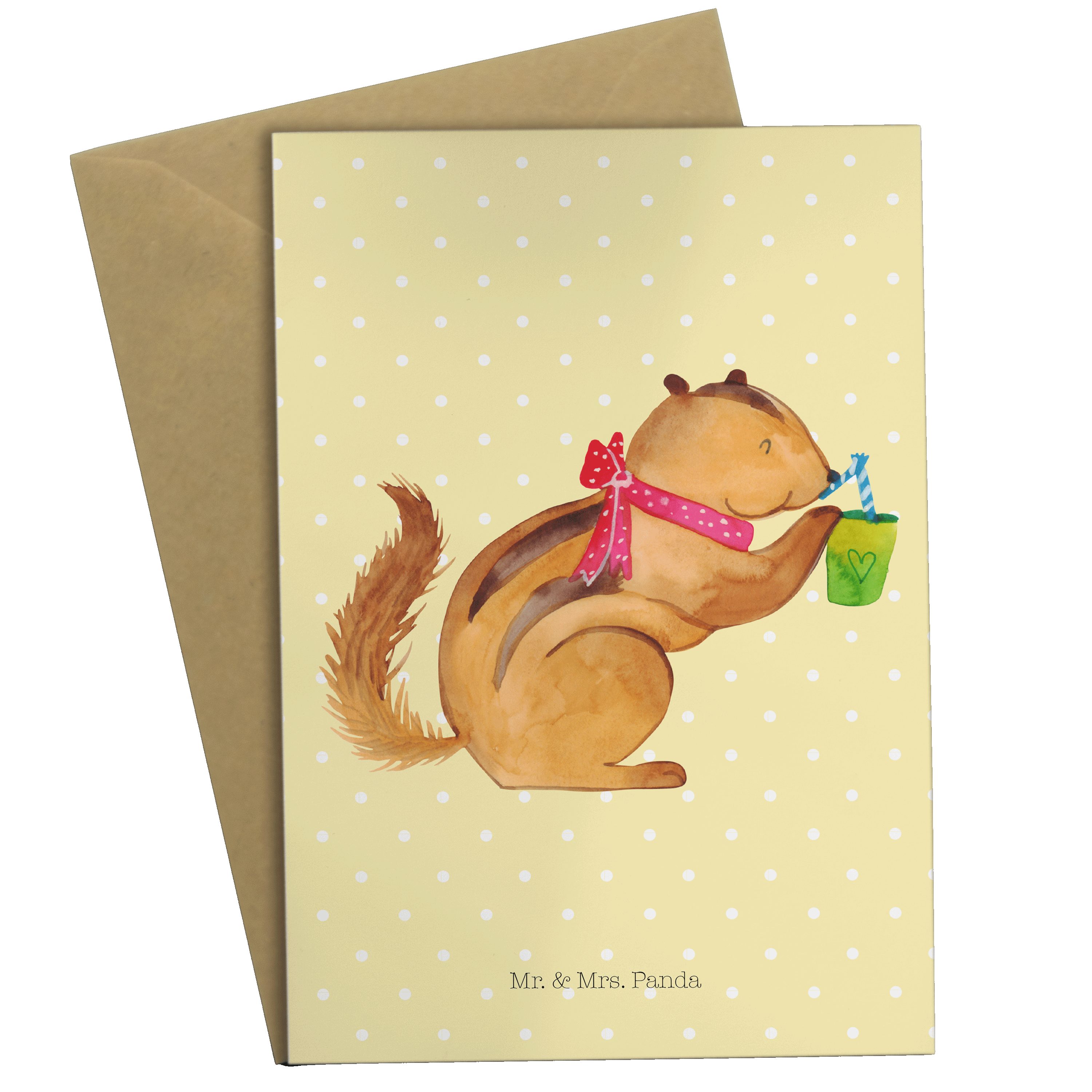 Mr. & Mrs. Panda Grußkarte Eichhörnchen Smoothie - Gelb Pastell - Geschenk, Karte, Glückwunschka