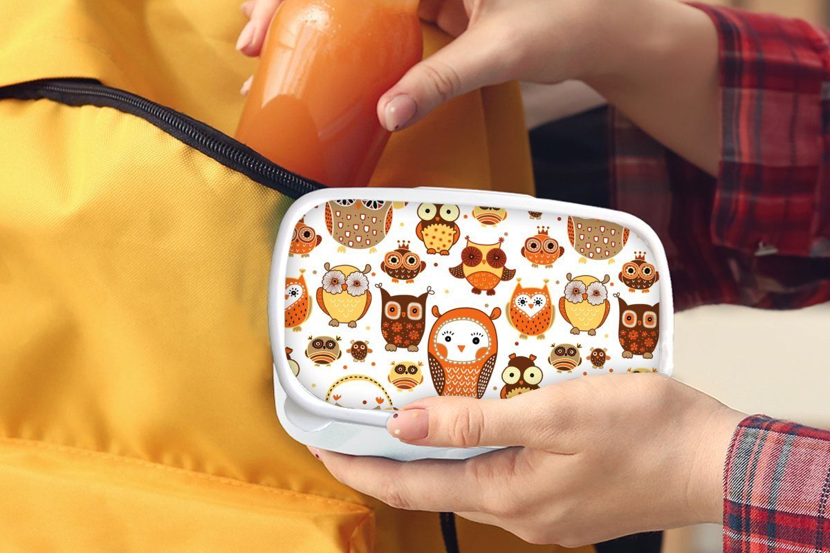 für - weiß - und Erwachsene, Mädchen Muster Kinder Kinder, - - Lunchbox Mädchen (2-tlg), für - Kunststoff, - MuchoWow Brotbox Eule Brotdose, Orange Mädchen Kind Jungs und