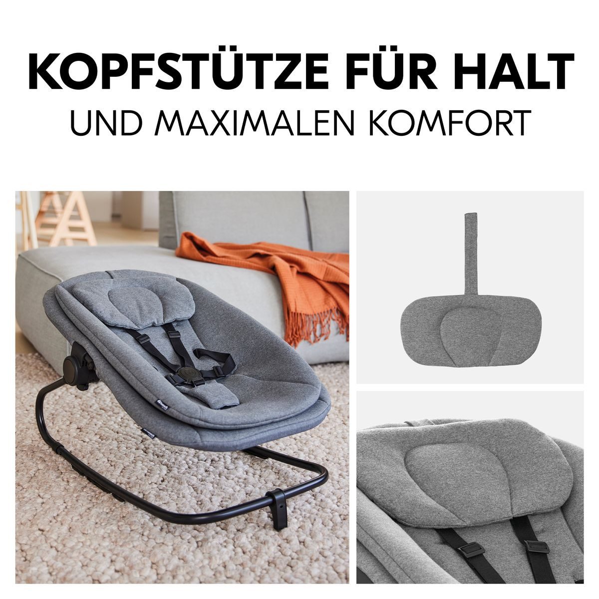 Hauck Hochstuhl Alpha Plus Grey Newborn Set (Set), Holz Babystuhl ab Geburt inkl. Aufsatz für Neugeborene & Sitzauflage