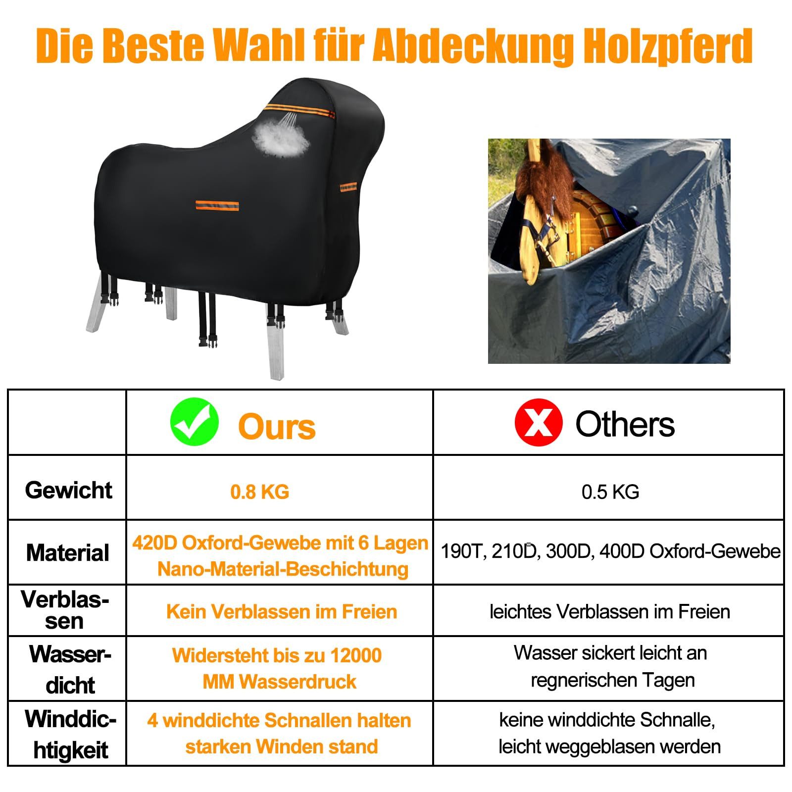 CLTYQ Pferde-Regendecke Abdeckung für Holzpferd Wasserdicht Outdoor, Regendecke für Pferde, 420D Oxford Holzpferd für Draußen Abdeckplanen, UV-beständig