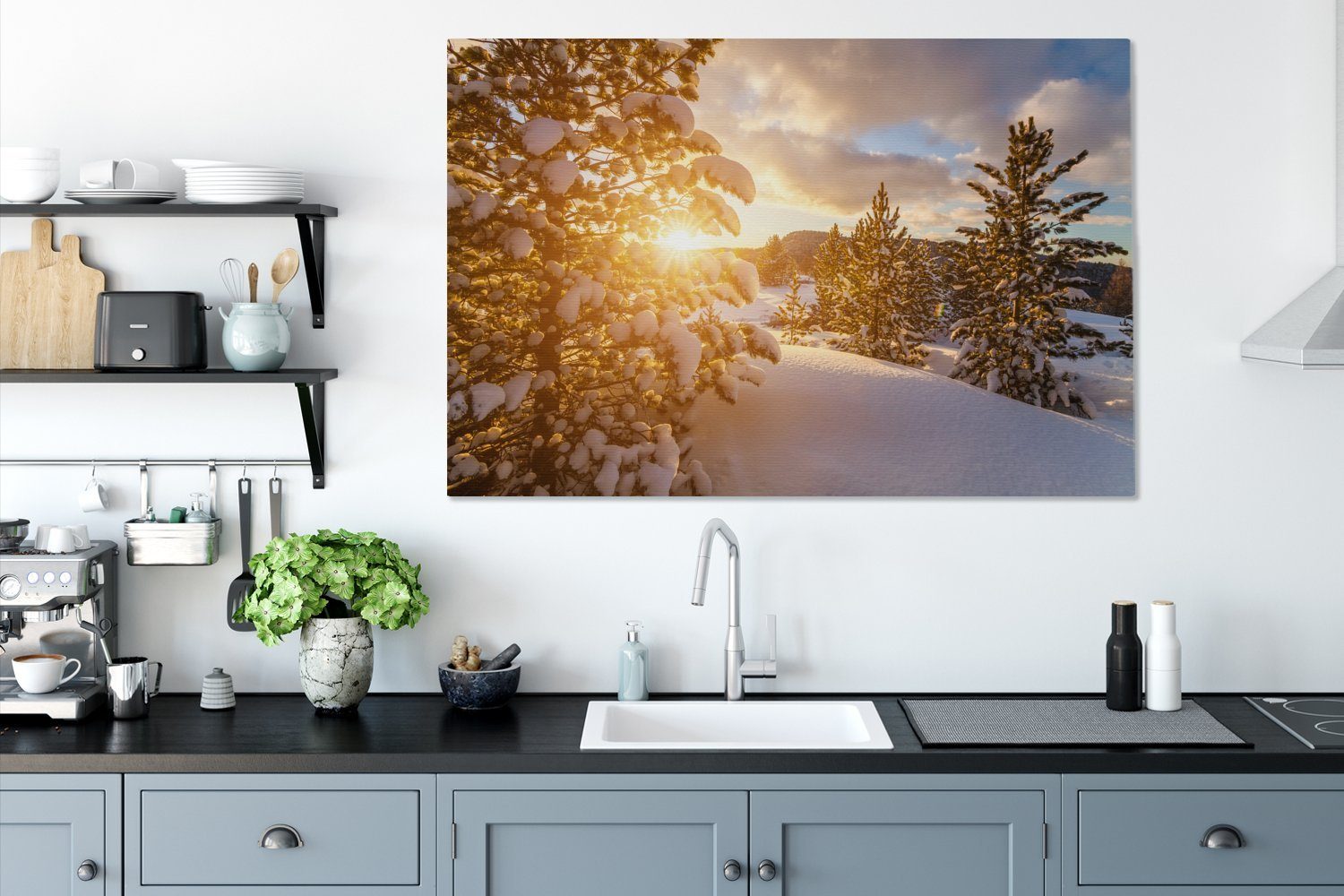 OneMillionCanvasses® Leinwandbild Eine (1 Sonnenuntergang, großes, St), cm XXL, für bei Wohnbereiche, Winterlandschaft Gemälde, alle Wandbild 120x80