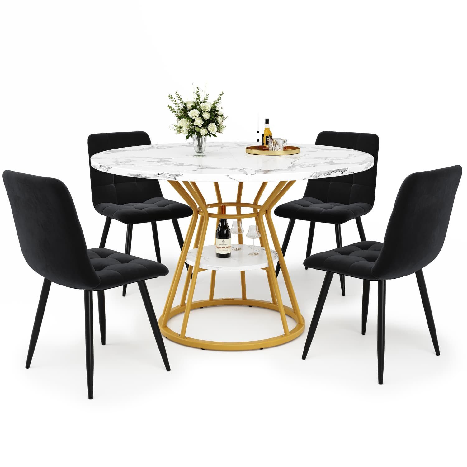 autolock Essgruppe Tischset (5-teilig)Essgruppe,runder Esstisch,Couchtisch,100x100x76cm, 4 Samtstuhl (inkl. Esstisch mit Marmorplatte) für 4 Personen