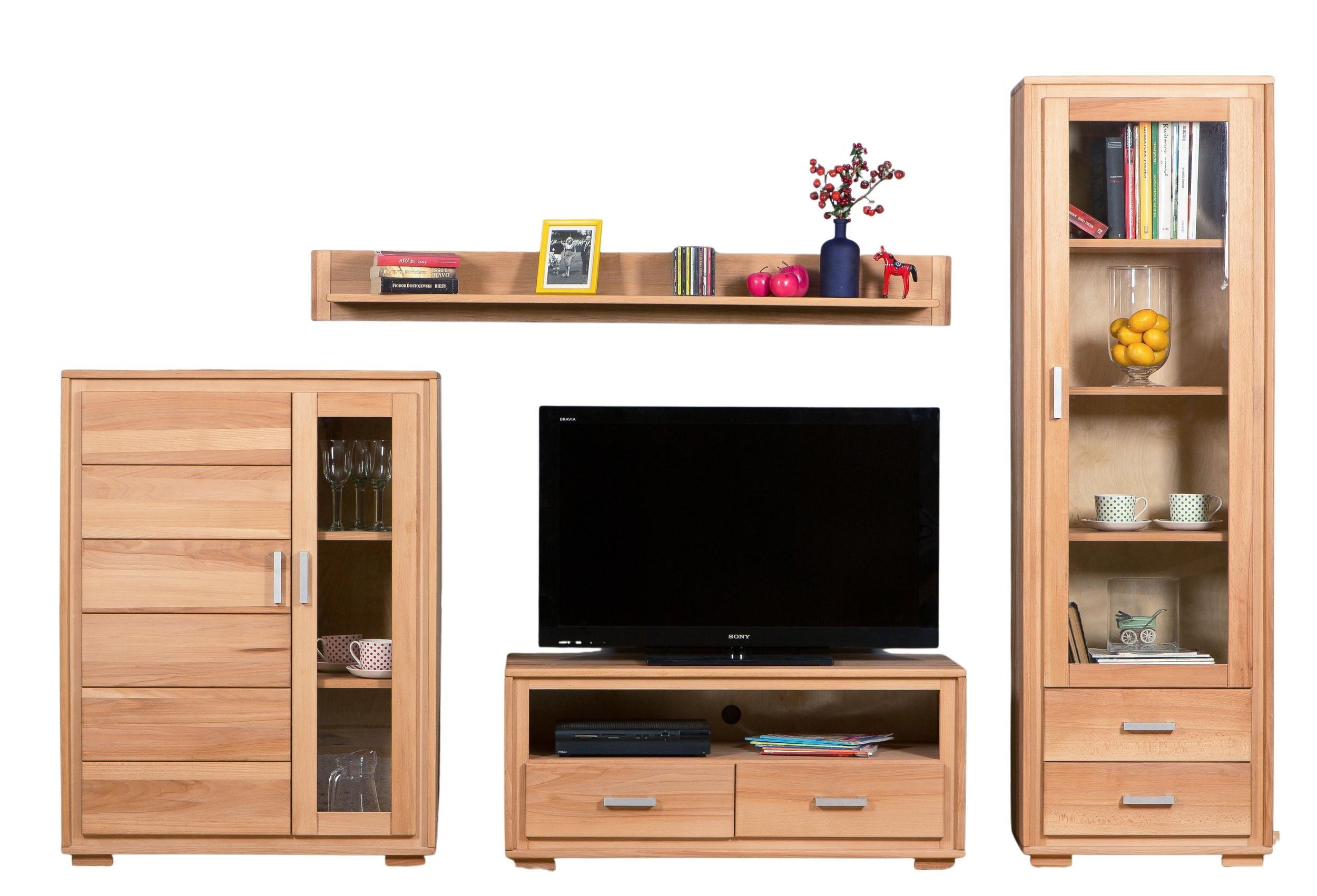 Trendmöbel24 Wohnwand Wohnkombination Genf Set IX 4-teilig Kernbuche Massivholz, (Komplett-Set, 4-St., Vitrine, Lowboard, Halb-Vitrine, Wandboard)