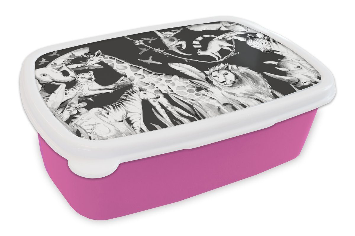 MuchoWow Lunchbox Wasserfarben - Tiere - Elefant - Flamingo - Jungen - Blau - Kinder -, Kunststoff, (2-tlg), Brotbox für Erwachsene, Brotdose Kinder, Snackbox, Mädchen, Kunststoff rosa