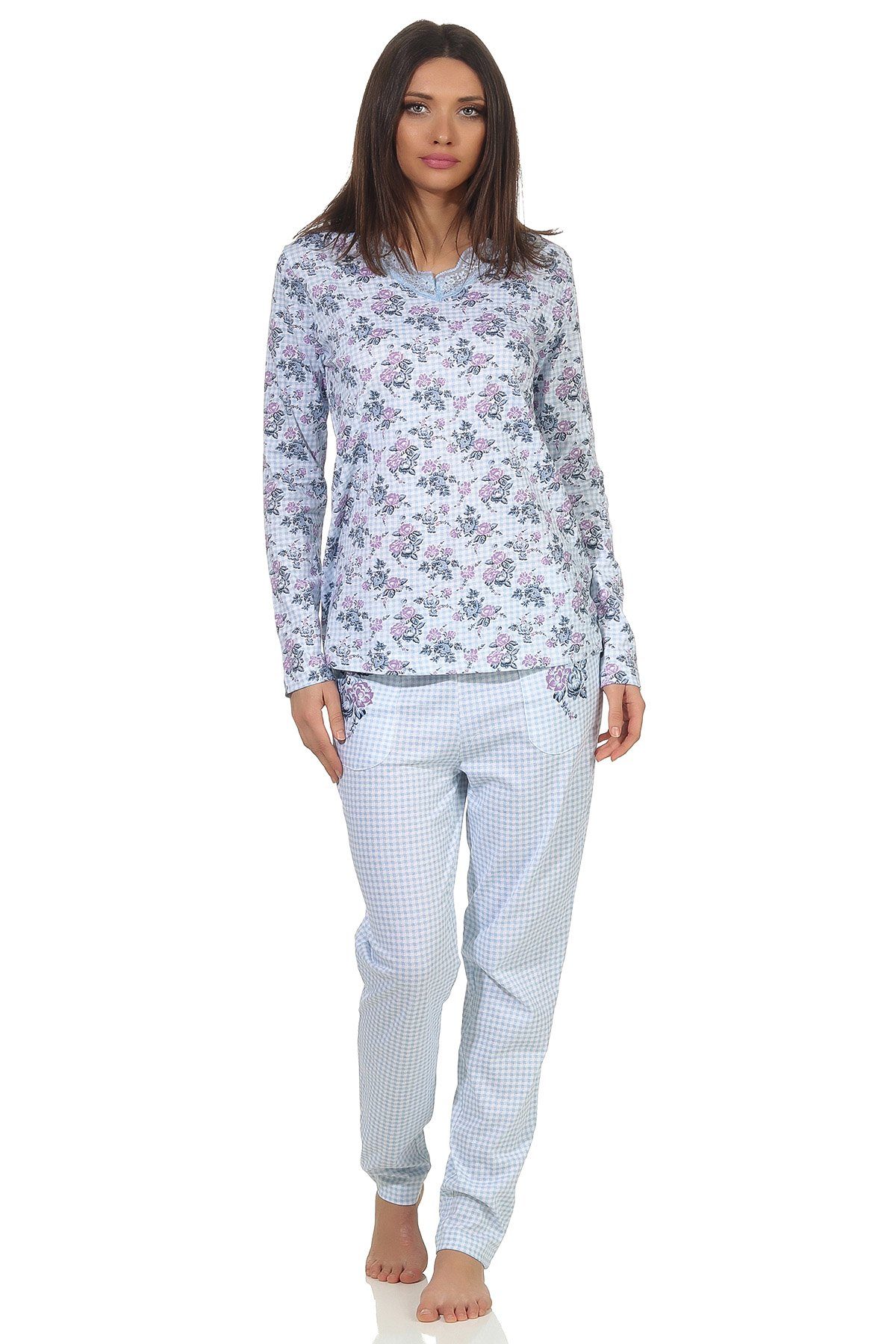 im Muster 102 Klassischer hellblau Damen Pyjama 106 Schlafanzug Normann - langarm florales