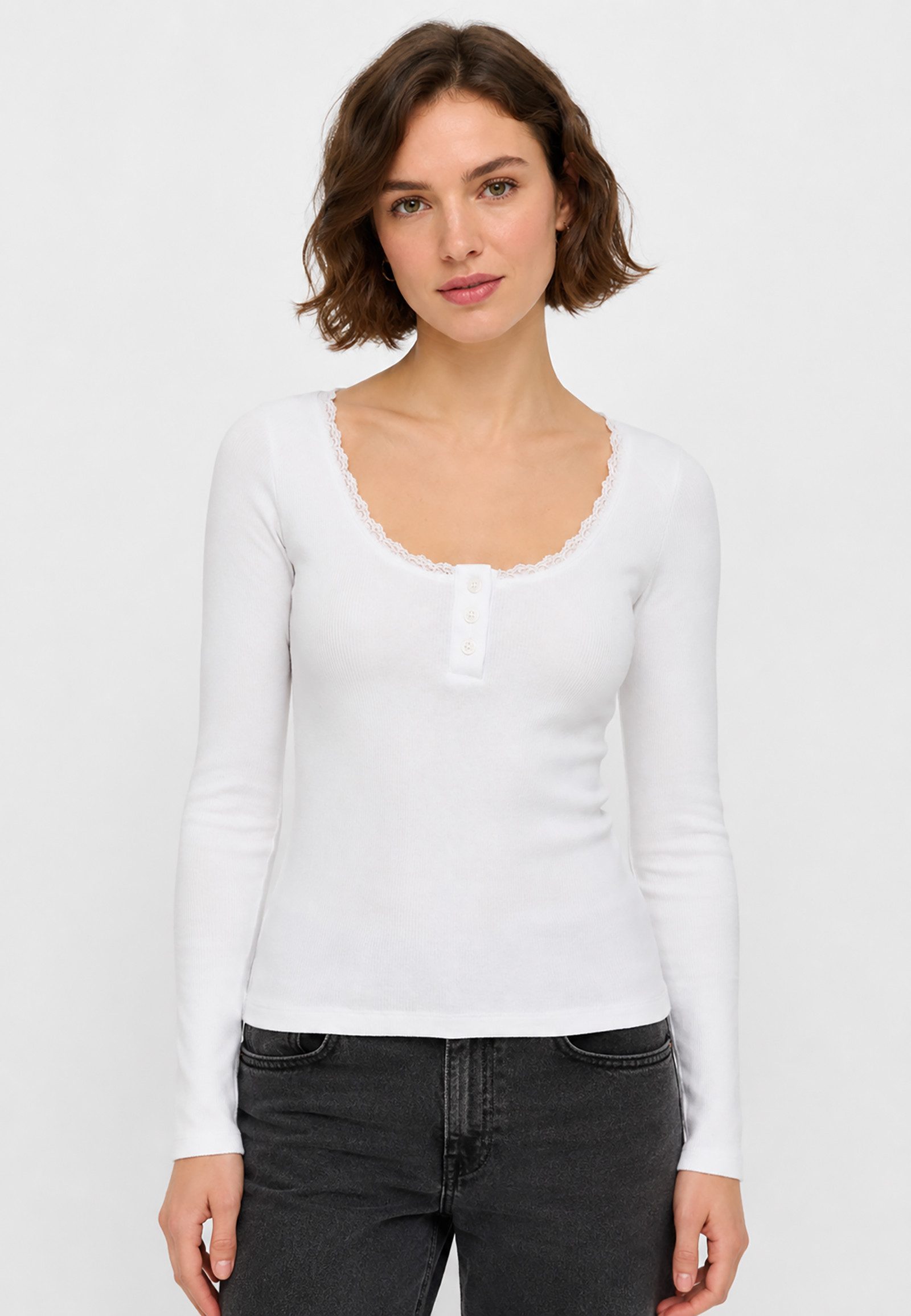 Noisy may T-Shirt Tiefer Rundhals Spitze Knopfleiste Rippstruktur Komfort (1-tlg) NMMAYA L/S LACE HENLEY TOP NOOS