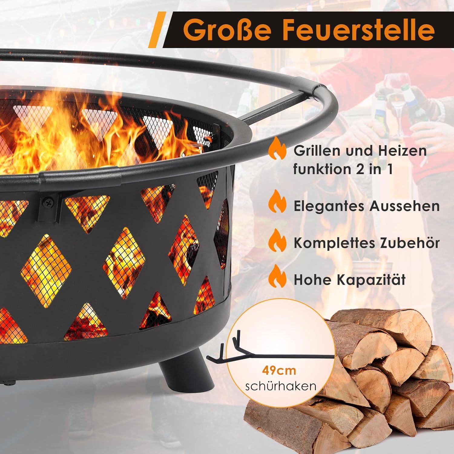 TLGREEN Fire Bowl with Rotating Grill Grate, Ø 76 cm Fire Basket with Poker, Multifunctional BBQ Fire Pit