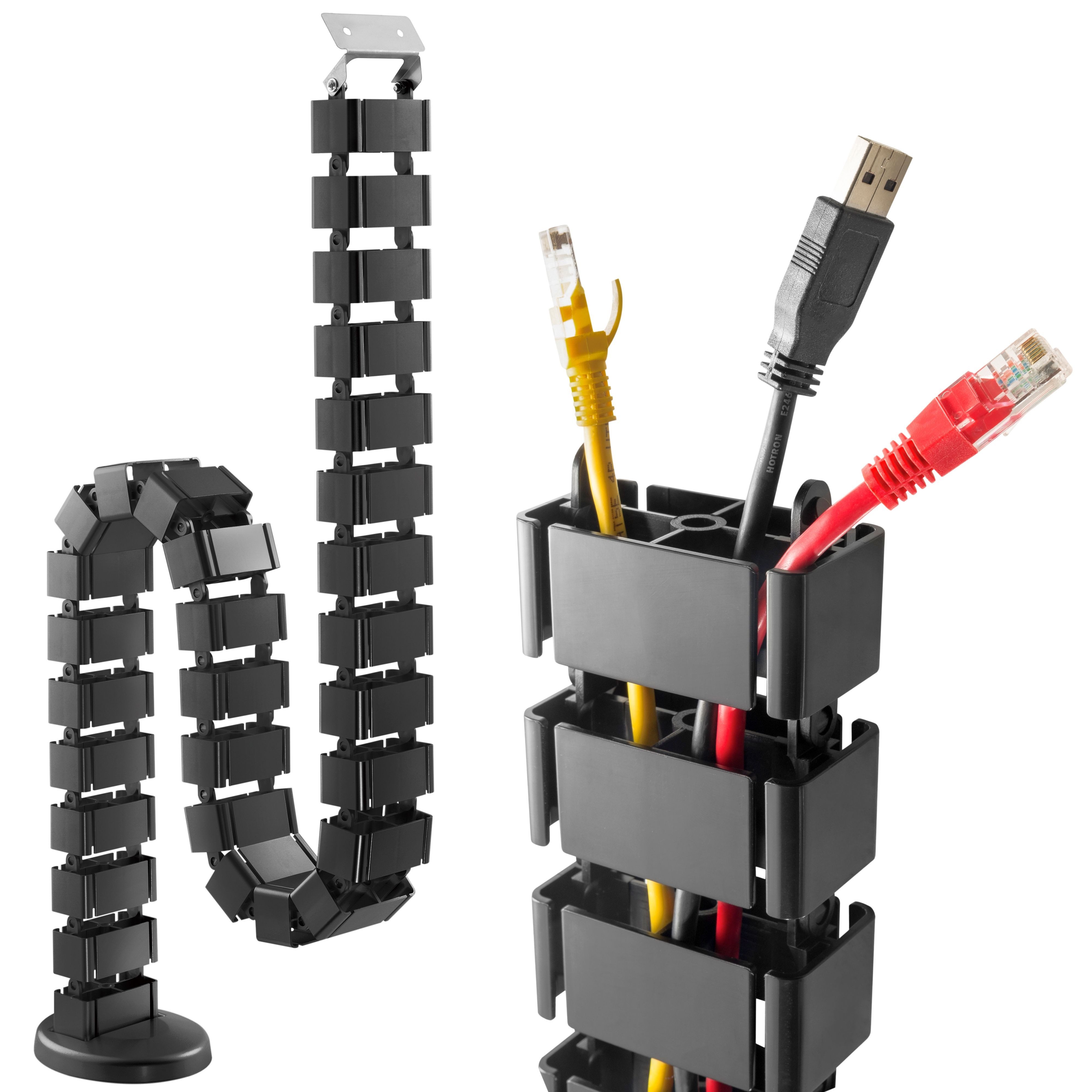 RICOO Kabelführung Flexibler Kabelkanal aus ABS mit einzelnen Wirbeln schwarz Z0101-B (Aus ABS-Kunststoff, 1280mm Gesamtlänge, Wirbelsäulen-Aufbau, 1-St., Kabelführung 128cm, Размер der Elemente 68 x 36 x 42 mm, kürzbar), Kabelkanal flexibel Wirbel-System Kabelmanagement am Schreibtisch