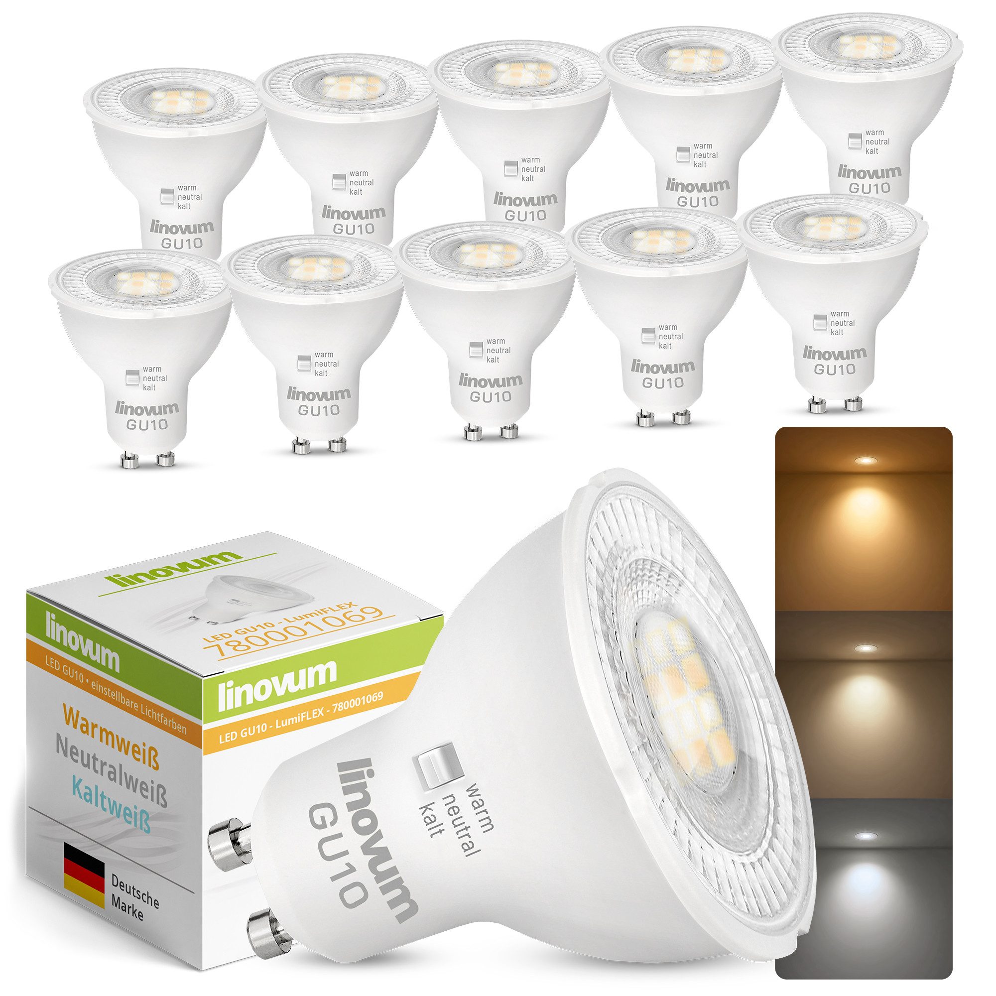 linovum LED-Leuchtmittel linovum LED GU10 Strahler LumiFLEX 6W einstellbare Lichtfarbe 3CCT, GU10, Neutralweiß, Warmweiß, Tageslichtweiß