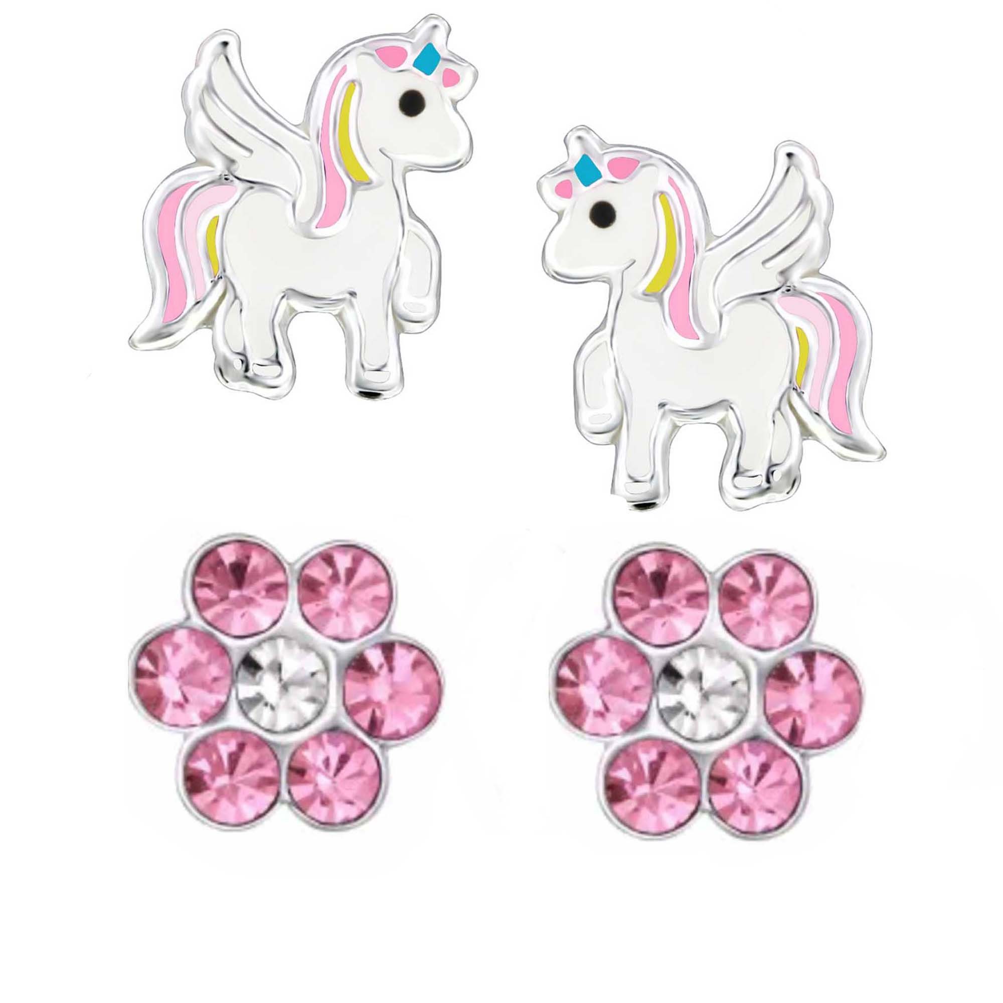 schmuck23 Серьги-гвоздики-Set Kinder Ohrringe Einhorn Blume echt 925 Silber (Set), 2 Paar Серьги-гвоздики