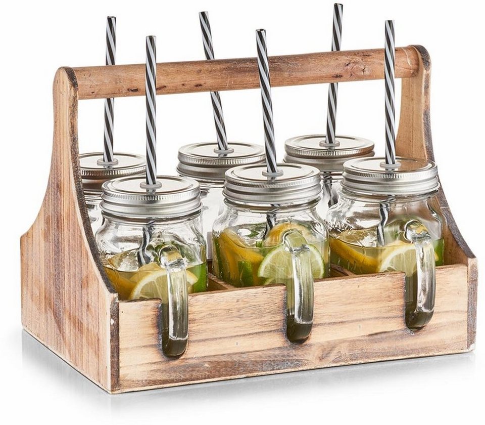 Zeller Present Glas, Glas, Holz, Metall, je 6 Gläser, Deckel und  Strohhalme, in praktischer Holzkiste, Ideal für Limonade, Smoothies, Bowle