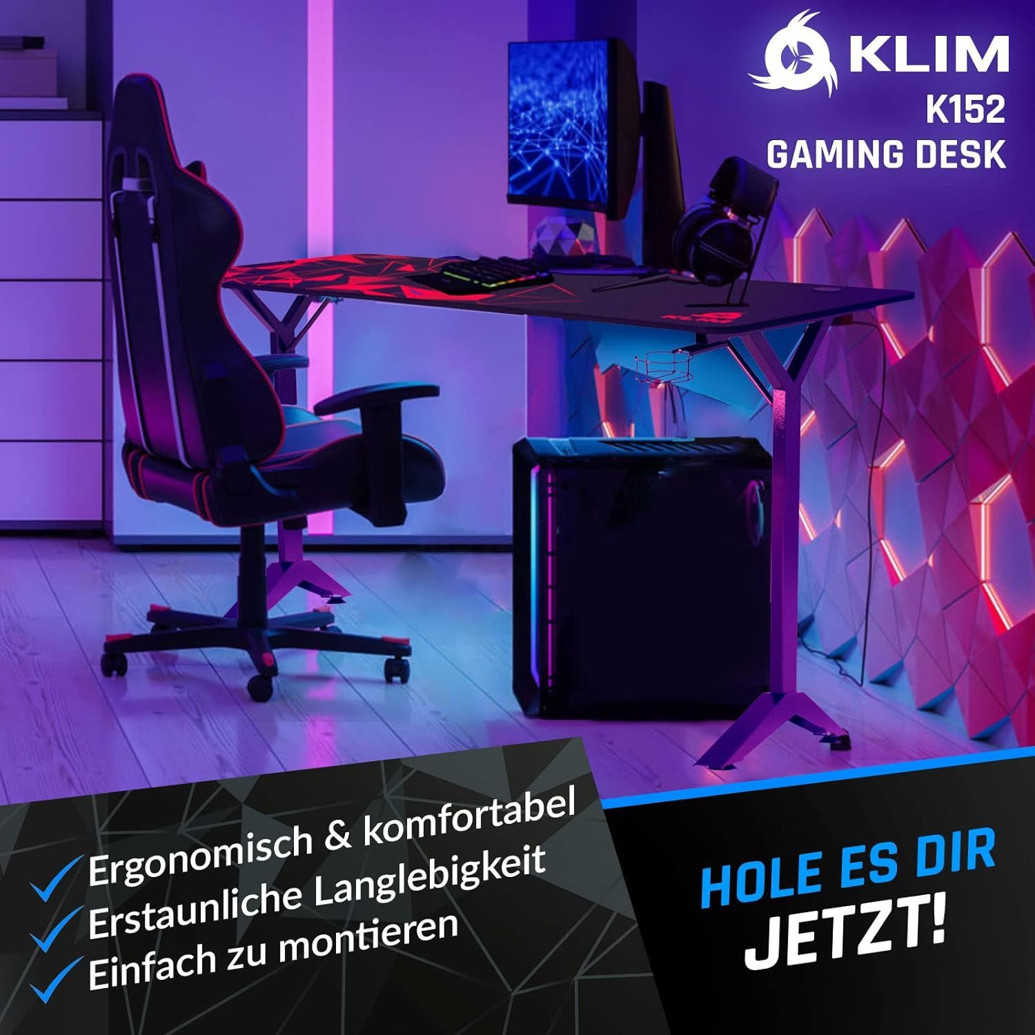 KLIM Gamingtisch K152, ‎152 x 75 cm, Getränkehalter und Headset Haken, Gaming Schreibtisch