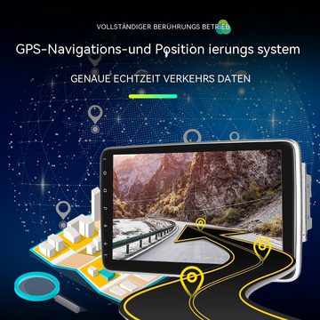 Hikity Android 2Din GPS 10 Zoll 180° drehbarer Bildschirm mit Rückfahrkamera Autoradio (Spiegelverbindung Bluetooth WIFI GPS FM, 2,5D gehärtetes Glas)