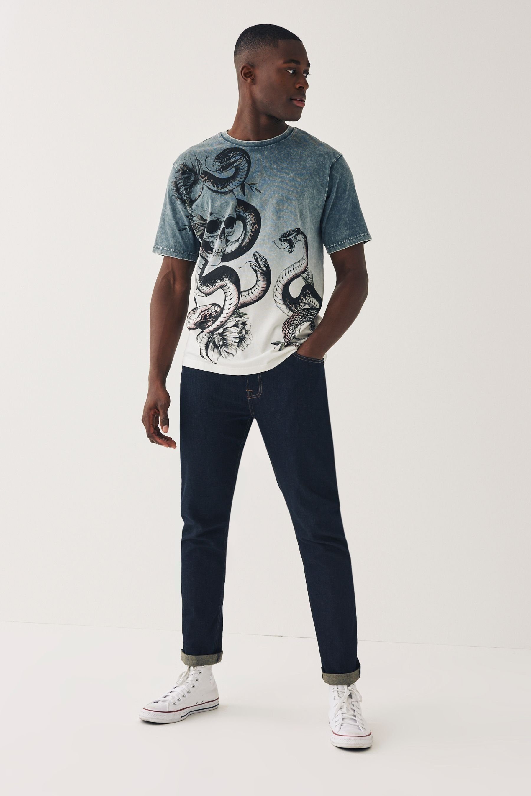 (1-tlg) Dye mit Next Skull T-Shirt Grey Print-Shirt Snake Print Dip
