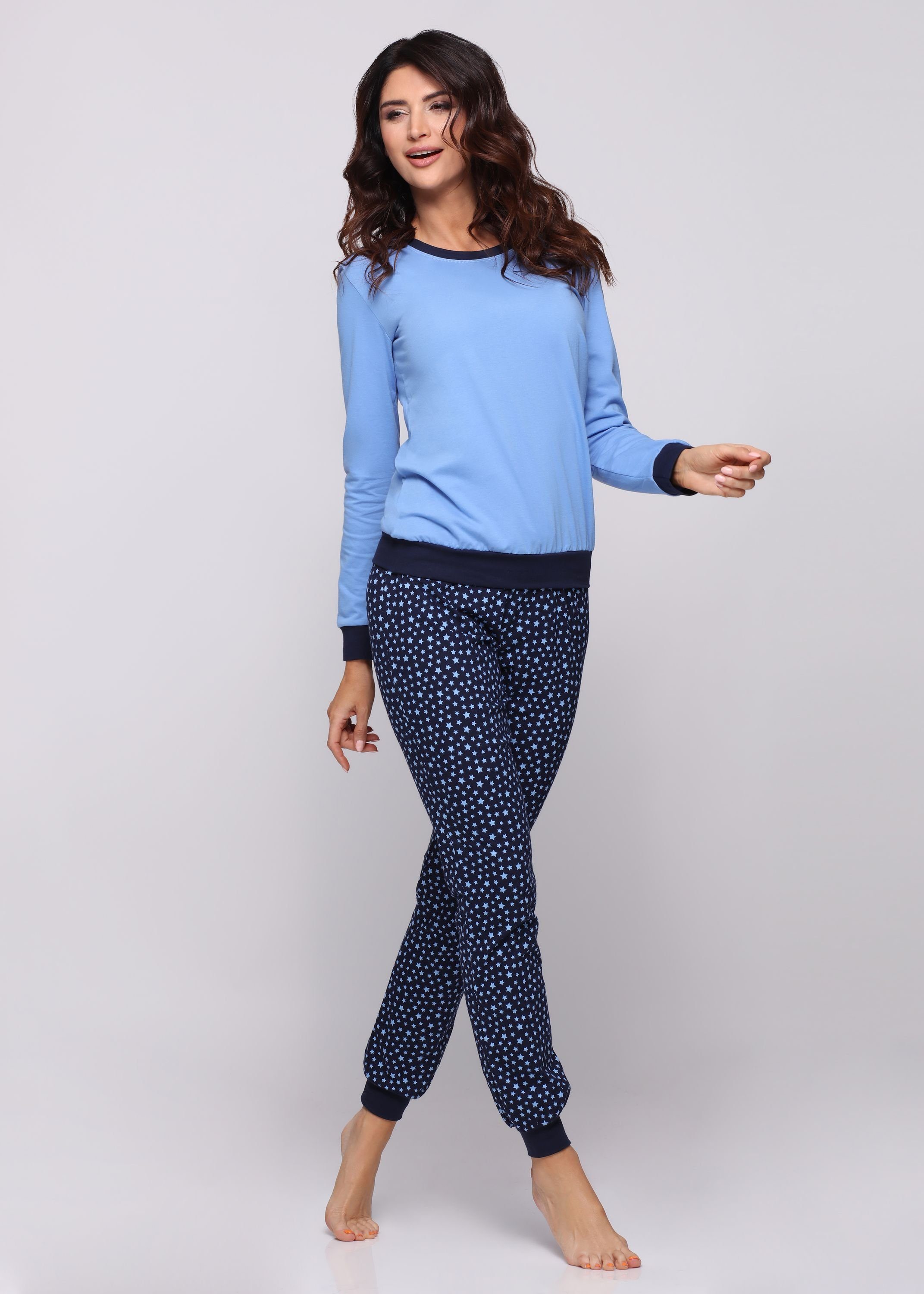 Marineblau Zweiteiler Schlafanzug lang MS10-268 Damen Style Schlafanzug Pyjama Blau/Sterne Muster mit bunt Merry