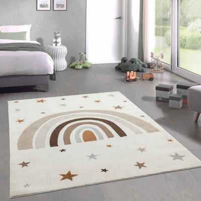 Teppich Kurzflor Teppich Kinder creme pastell Regenbogen Stern braun beige, Carpetia, rechteckig, Höhe: 9 mm