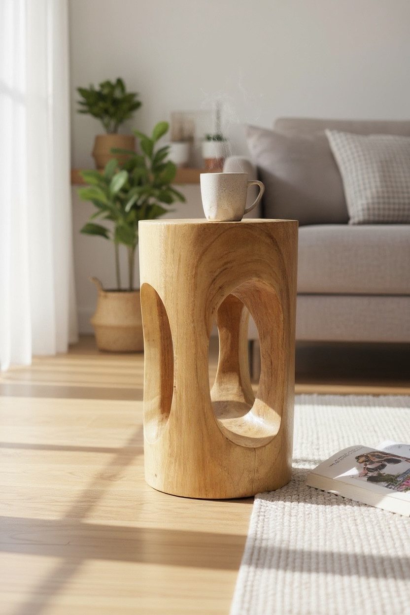 FaHome Beistelltisch Holzhocker Massiv Rund (50x30x30cm), Hocker Natur Beistelltisch Blumenhocker Massivholz