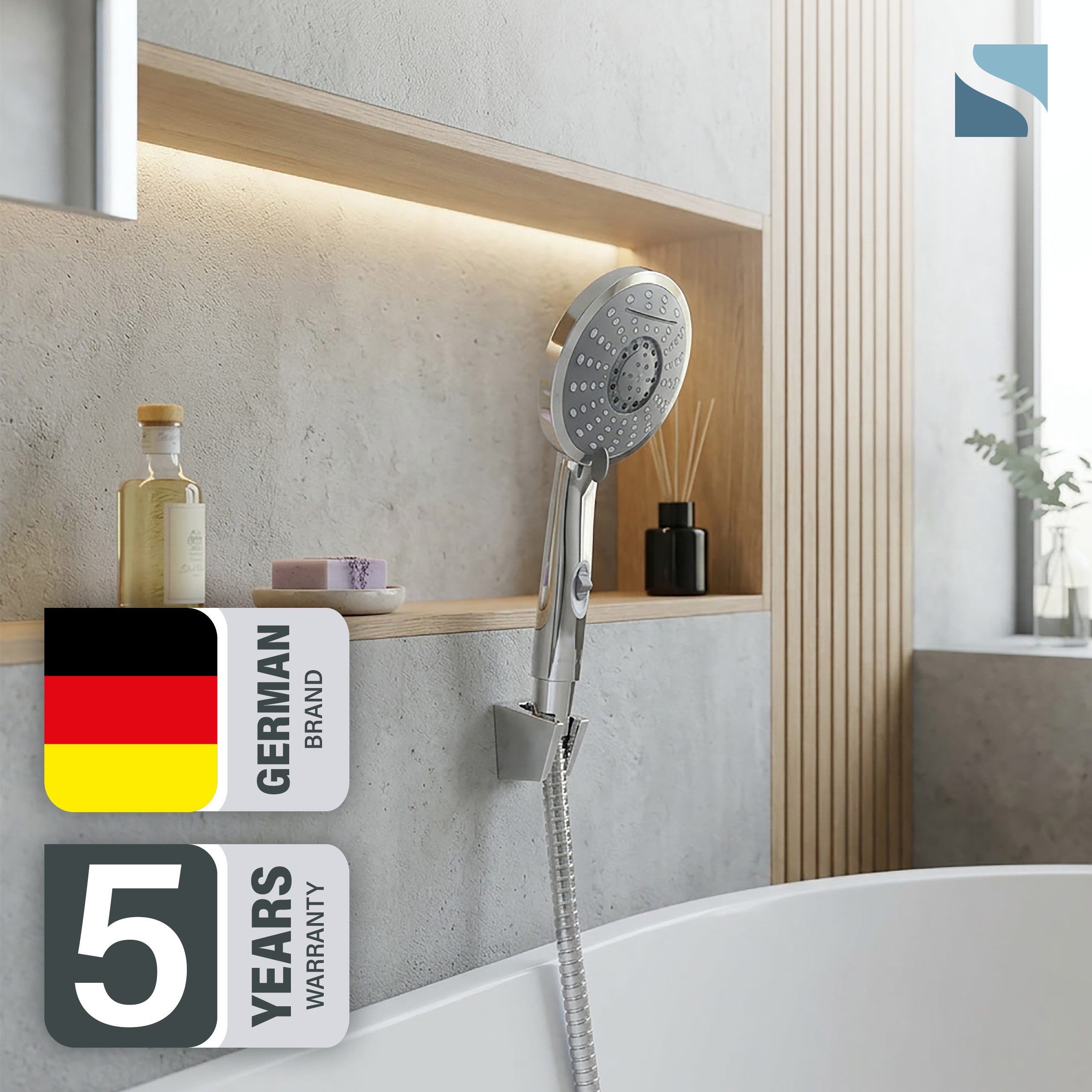 Schütte Handbrause Wasserfall, mit 5 Strahlarten, chwallauslauf, Brausekopf mit Wasserstopp-Funktion