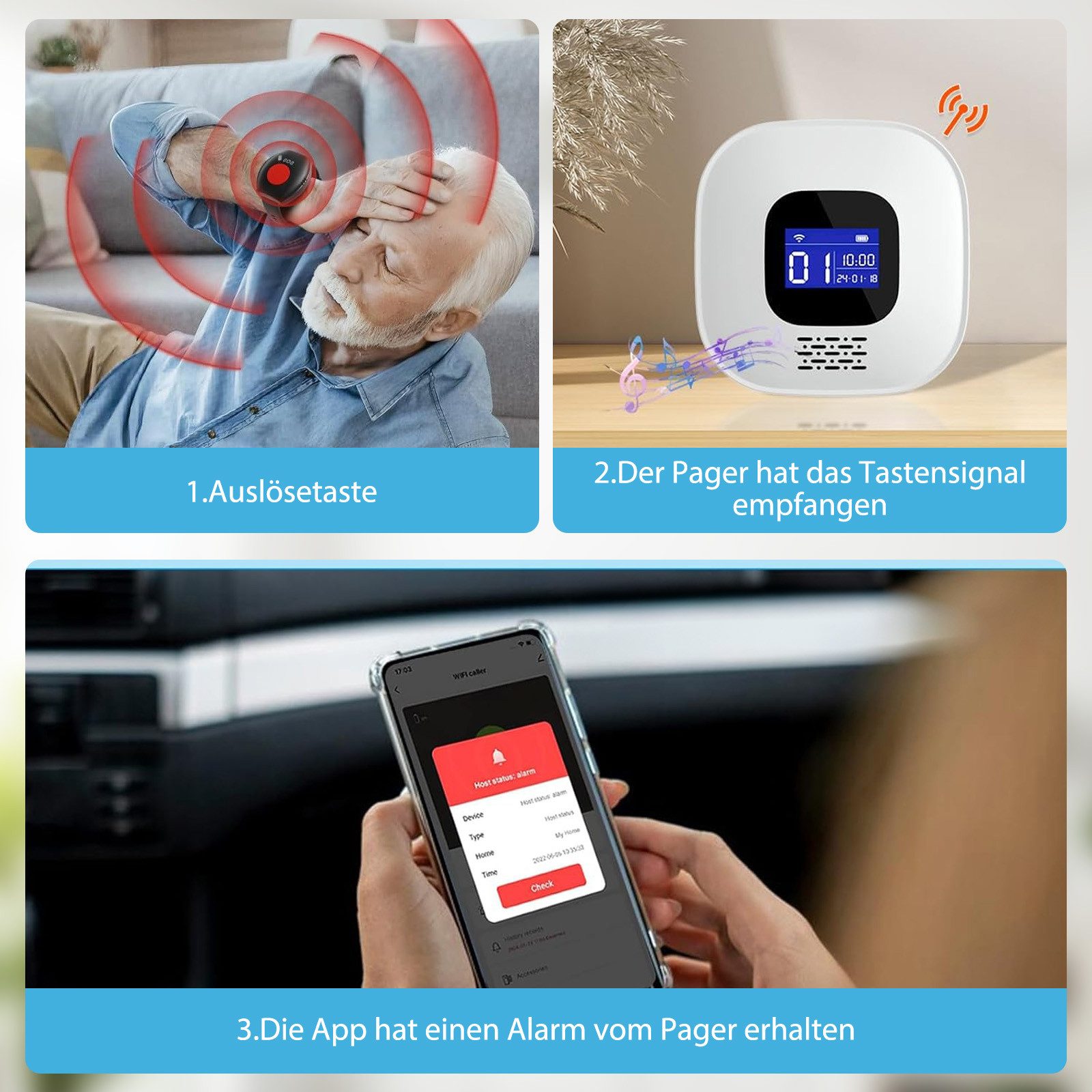 AKKEE Alarm Notruf Knopf Senioren Notrufknopf Hausnotruf, LCD-Display Alarmanlage (WiFi-Hausnotruf-Senioren-SOS-Armband, Hausnotruf für Angehörige)