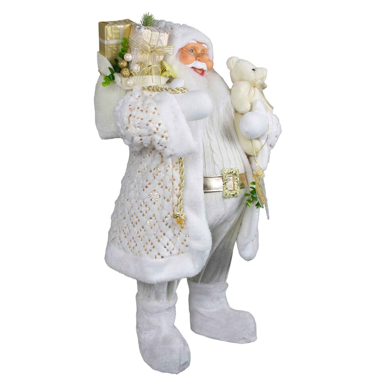 Christmas Paradise Weihnachtsmann stehend 80cm (Santa, 1 St., stehend), weiß-gold mit Teddybär