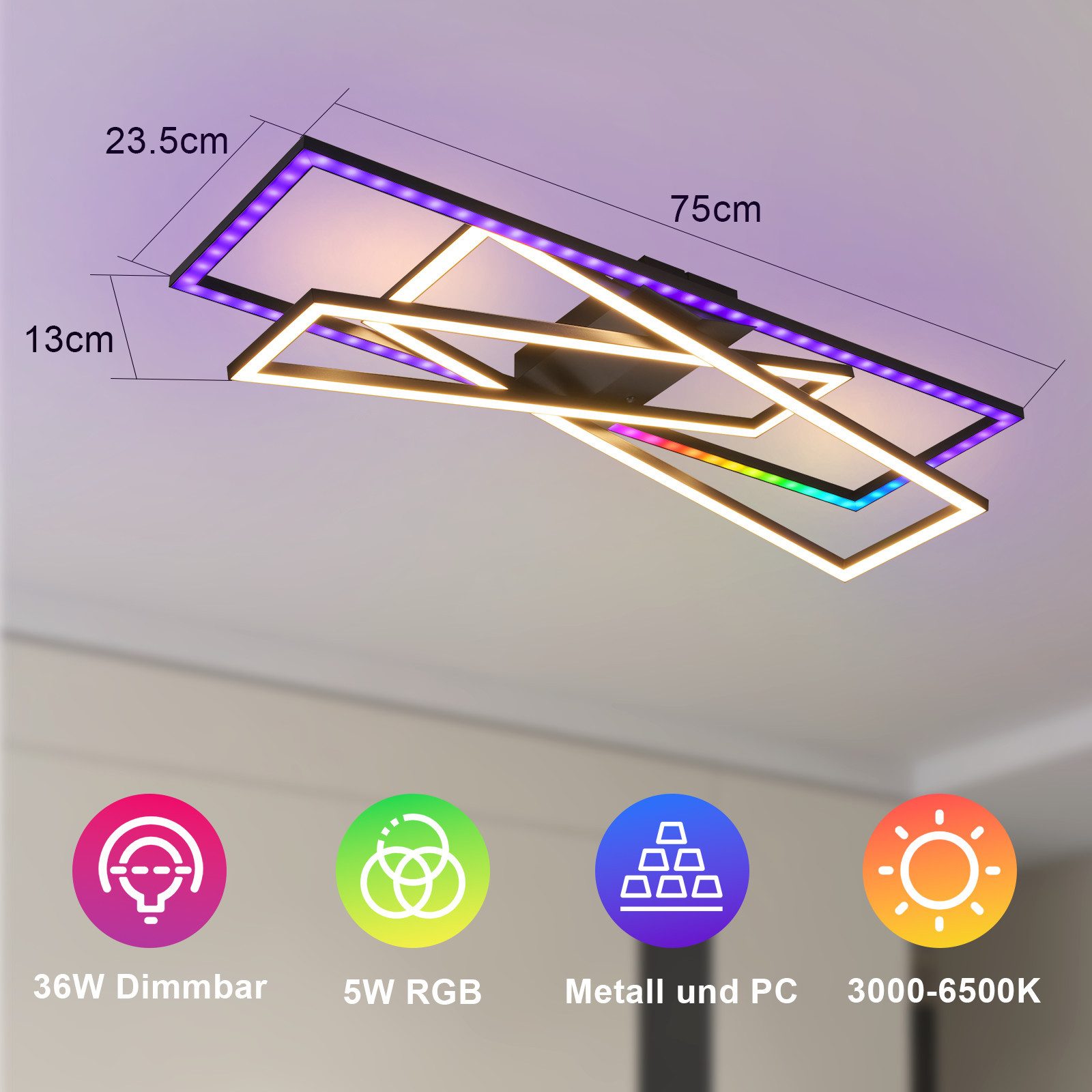 Nettlife LED Deckenleuchte Schwarz RGB Farbwechsel Dimmbar Wohnzimmer 36W Modern Rechteckig, Dimmbar,RGB, für Wohnzimmer,Schlafzimmer,Esszimmer,Küche,Kinderzimm – Bild 4 von 5