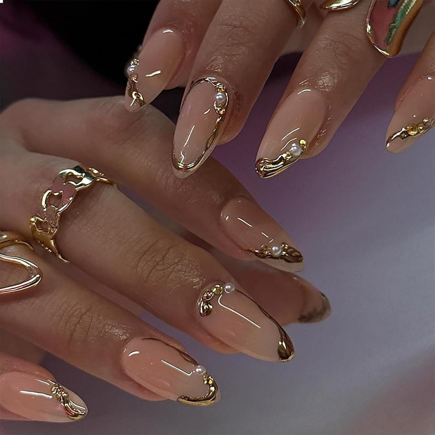 Kunstfingernägel 24er French Tip Press on Nails Mandel Perlen Gold Glänzend