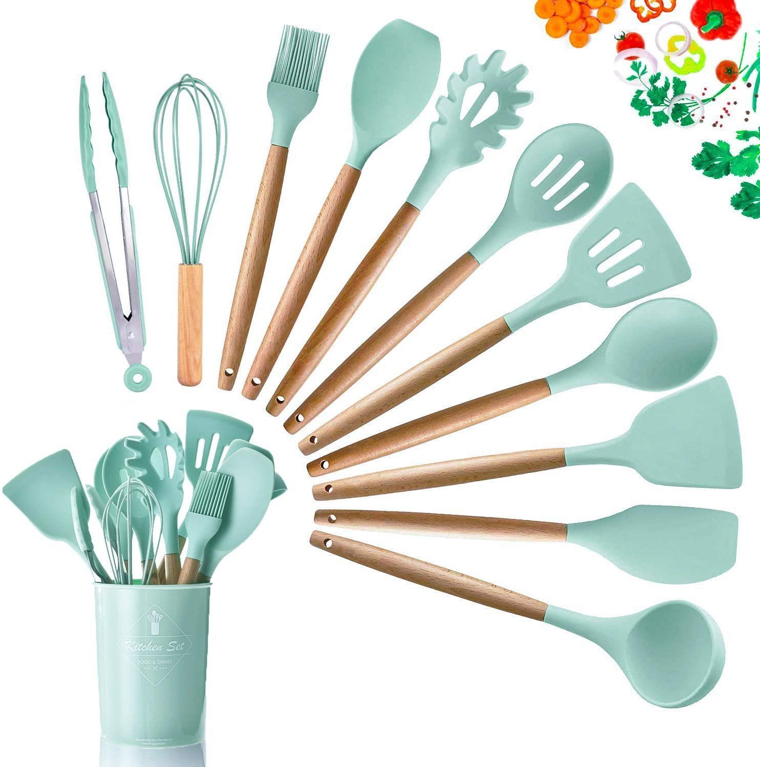 Faizee Möbel Kochbesteck-Set Küchenhelfer Set 12tlg Silikon Kochbesteck Holzgriff Küchenutensilien (12-tlg) – Bild 2 von 4