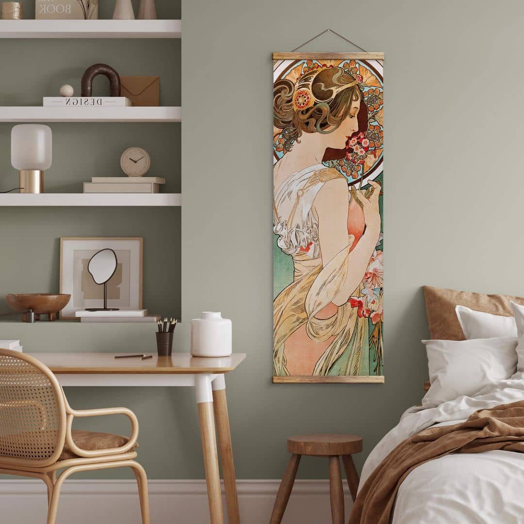 K&L Wall Art Leinwandbild Vintage Stoffbild Плакат Mucha Schlüsselblume Wand-Teppich, Jugendstil Kunstdruck Banner ohne Zubehör