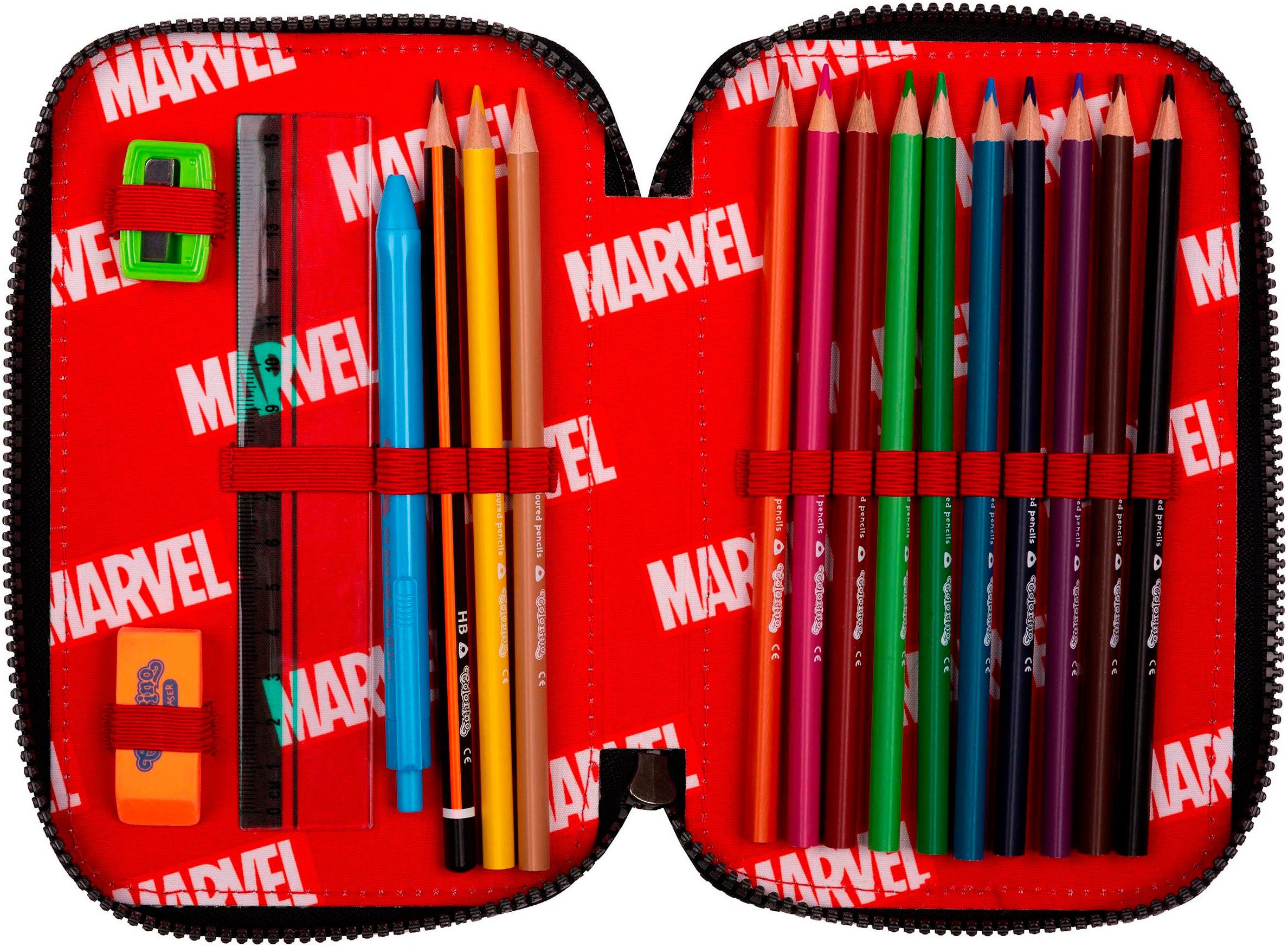CoolPack Federmäppchen Etui XL, Marvel, Avengers, mit 2 Reißverschlüssen, befüllt