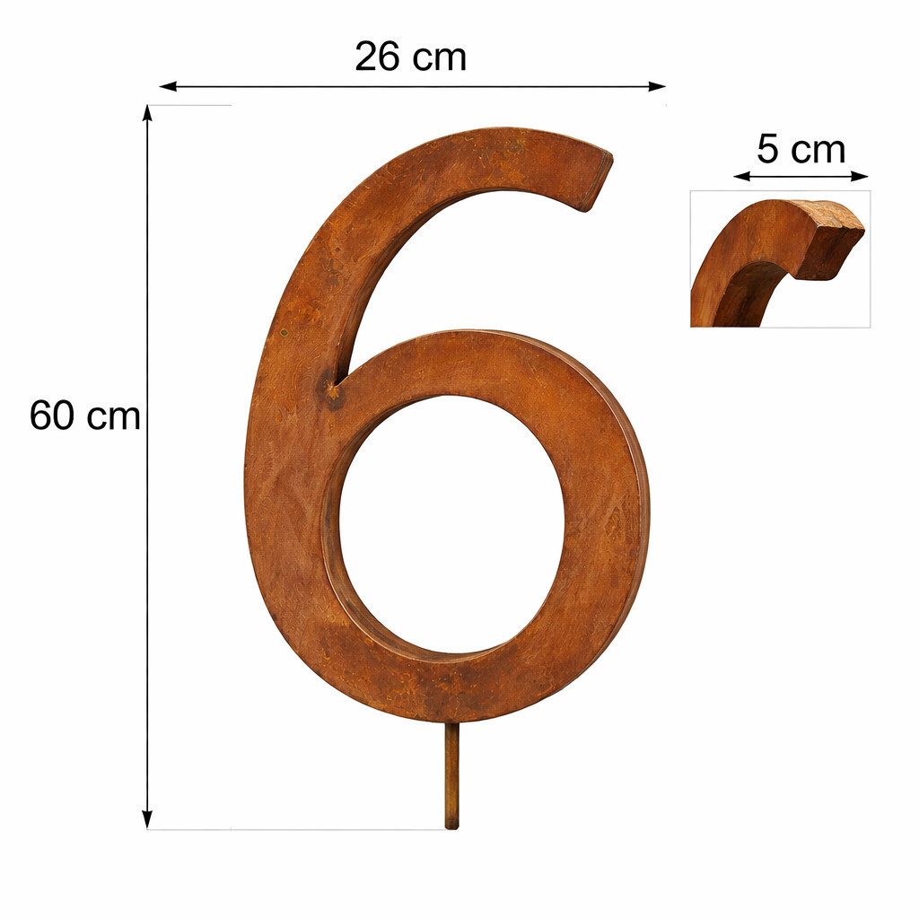 UNUS ELEMENTS Hausnummer Gartenstecker Hausnummer groß Ziffer 0-9 im Rostdesign, (60x26x5cm), Nummer 6, Hausnummerschild, wetterfest, Metallnummer