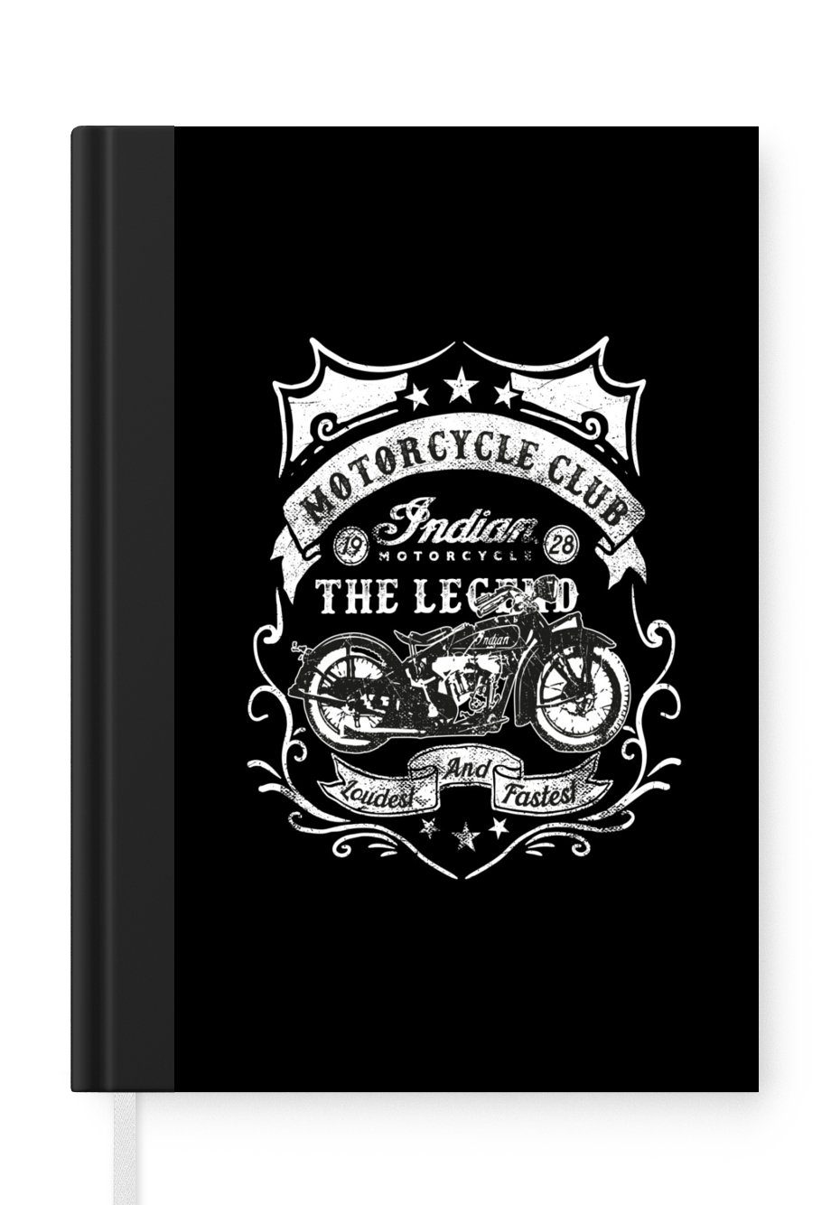 MuchoWow Notizbuch Retro-Illustration für einen Motorradclub auf schwarzem Hintergrund, Journal, Merkzettel, Tagebuch, Notizheft, A5, 98 Seiten, Haushaltsbuch