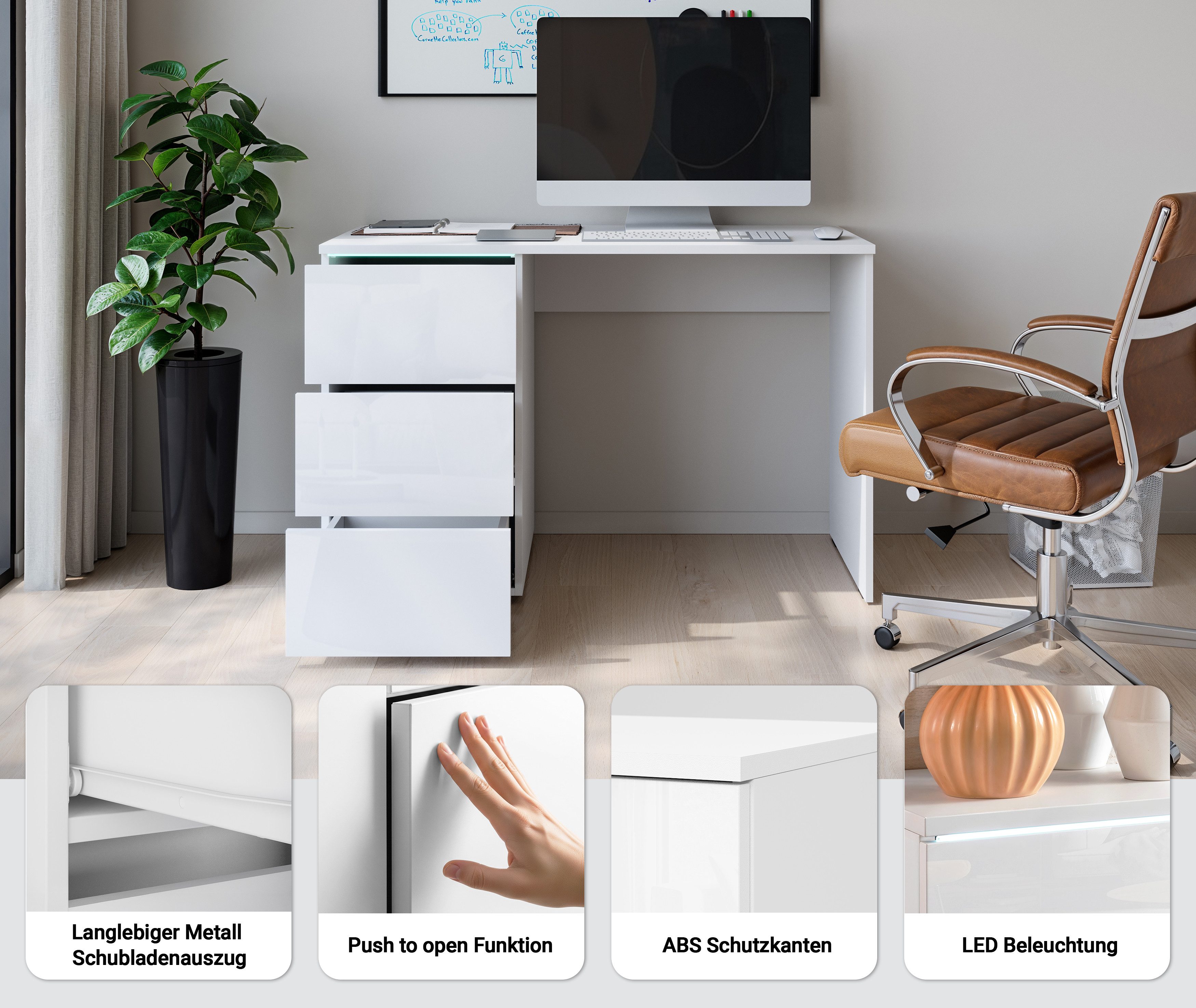 Home affaire Schreibtisch Vera, Computertisch mit LED-Beleuchtung (1-St), Moderner Schreibtisch, Push-to-Open, 3 Schubladen, B 110 oder 150 cm