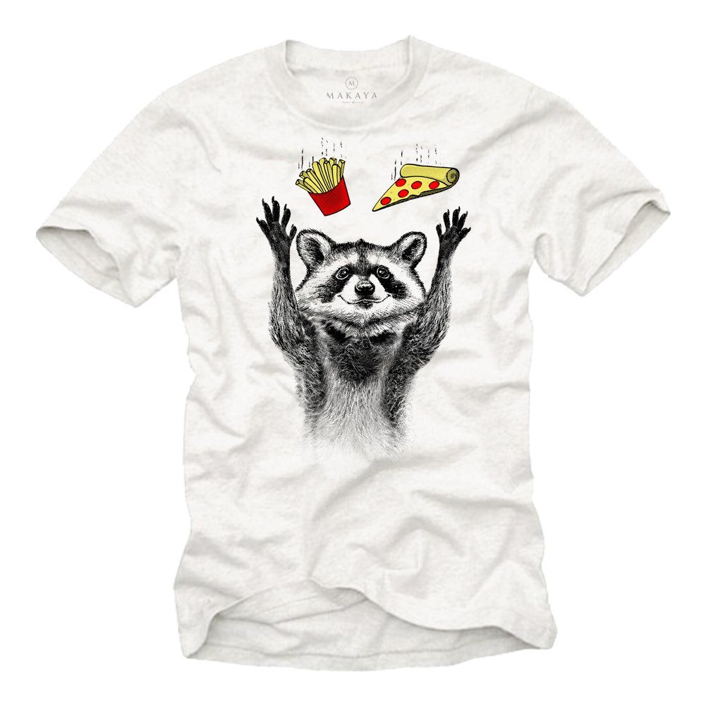 MAKAYA T-Shirt Waschbär Motiv Pizza Pommes Burger Grill BBQ Tiermotiv Tiere Funshirt mit Druck, aus Baumwolle Weiß | T-Shirts