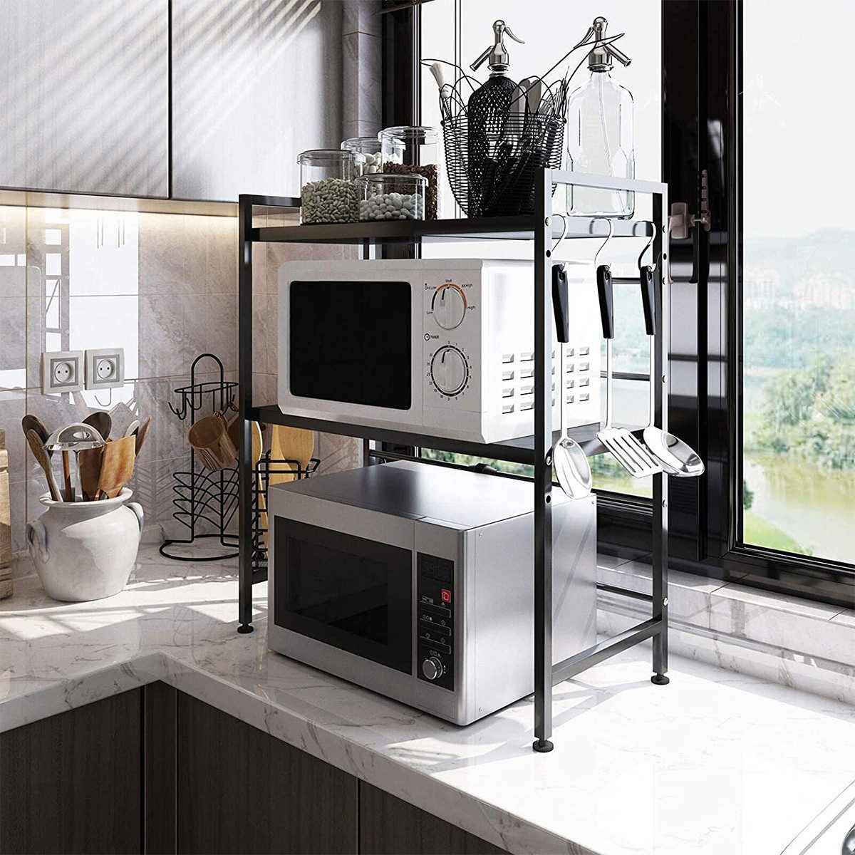 JEOBEST Regalelement Küchenregal Mikrowellenregal 3-Stufig, Erweiterbares Mikrowellen Regal, mit 6 Haken für Arbeitsplatte,Bäckereiregale,Küchenorganizer
