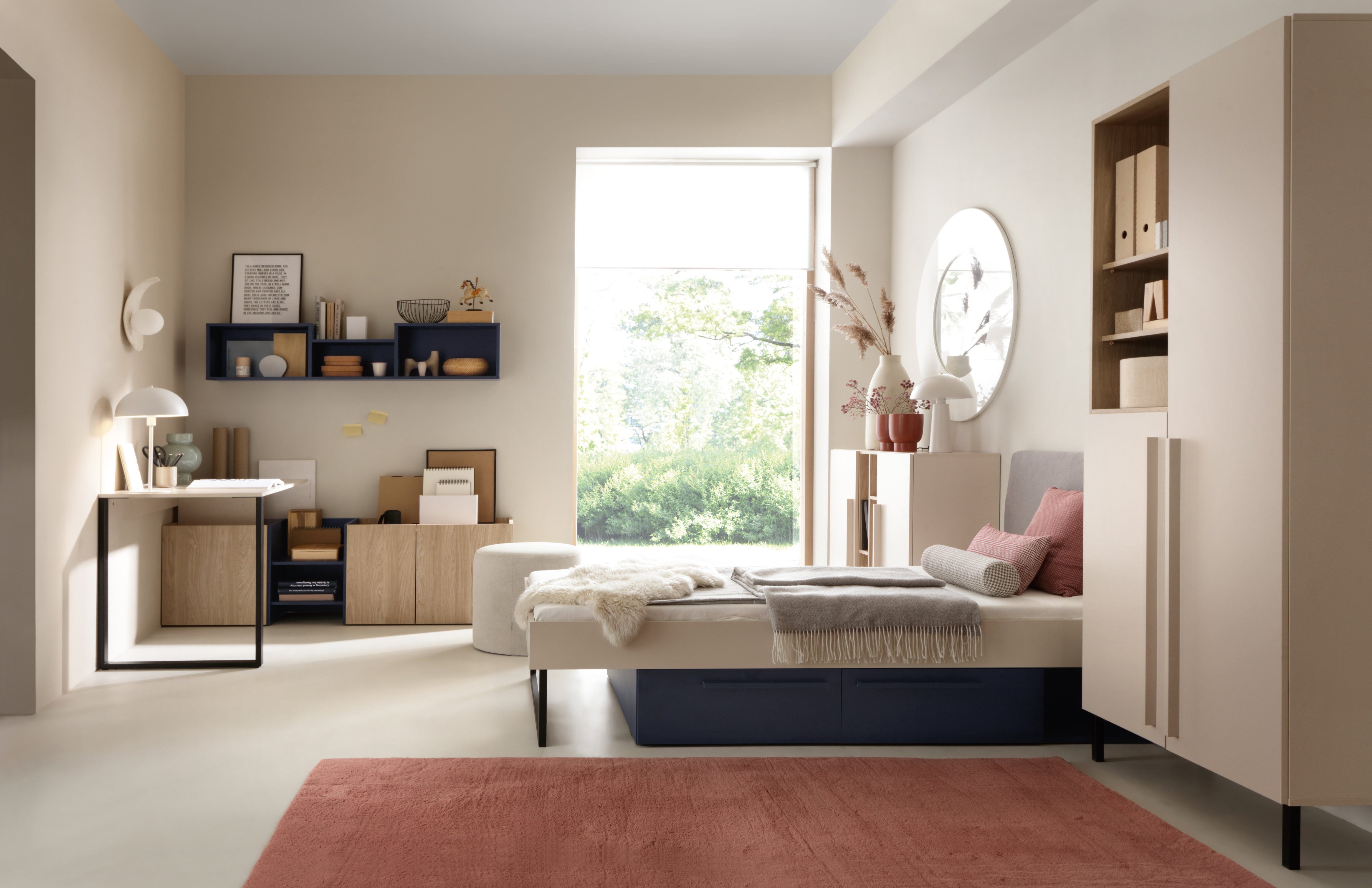 möbel-direkt.de Jugendzimmer-Set Sinus in Beige, Eiche & Marineblau, (Spar-Set, 6-tlg., je nach Setauswahl oder als Einzelmöbel wählbar), ABS Kanten