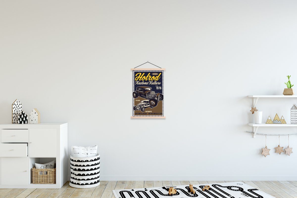 MuchoWow Poster Mancave - Auto - Vintage - Gelb, (1 St), Posterleiste, Textilposter für Wohnzimmer, Bilderleiste, Magnetisch